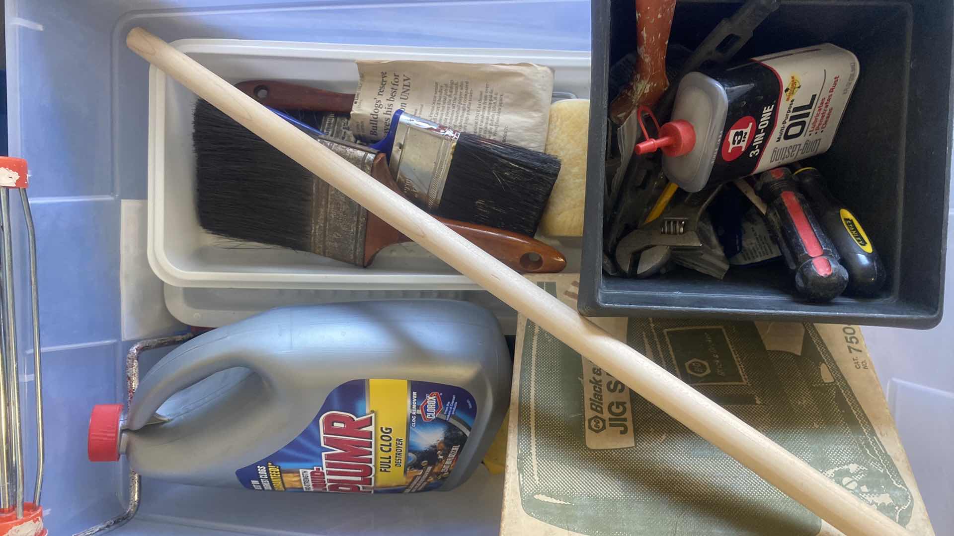Photo 1 of TOTE OF PAINT SUPPLIES, DRILL & HAND TOOLS