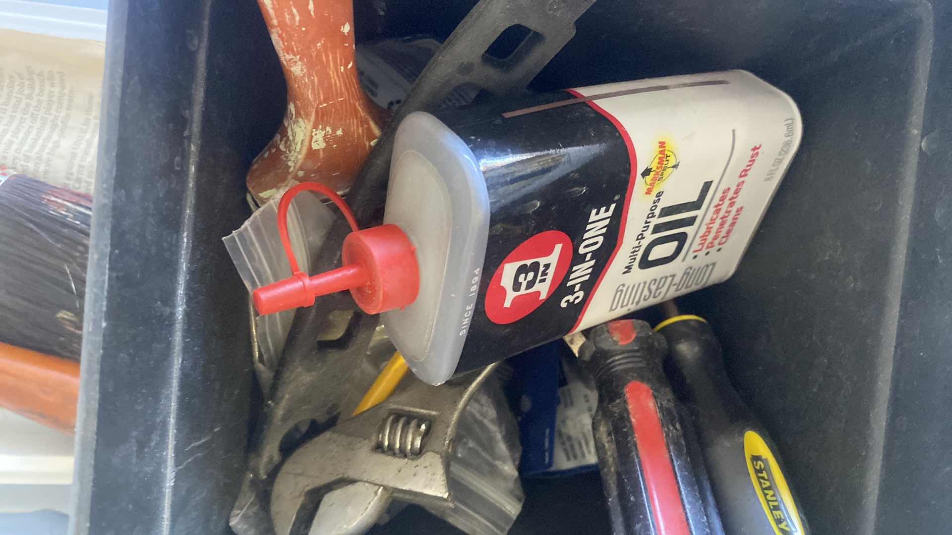 Photo 1 of TOTE OF PAINT SUPPLIES, DRILL & HAND TOOLS