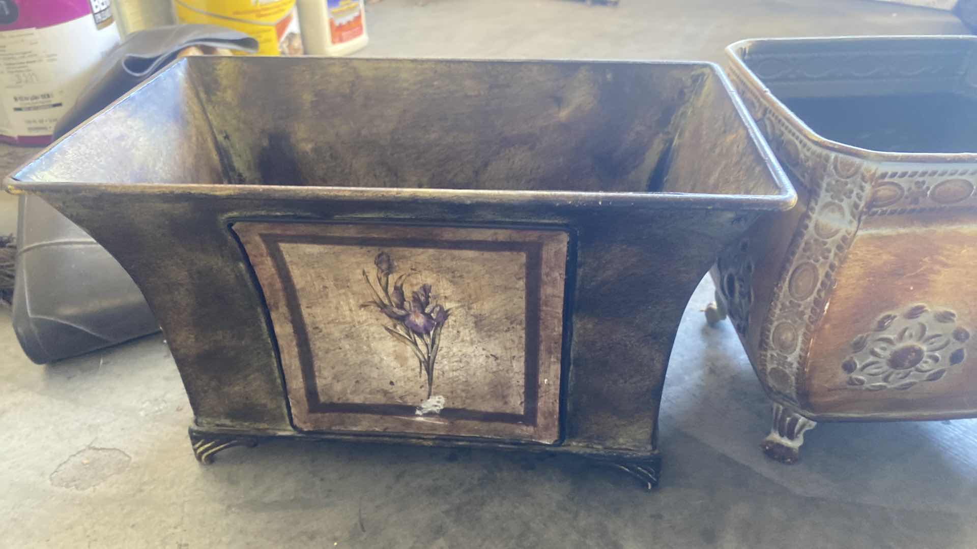 Photo 1 of TOTE OF FALL DECOR & ALUMINUM PLANTERS