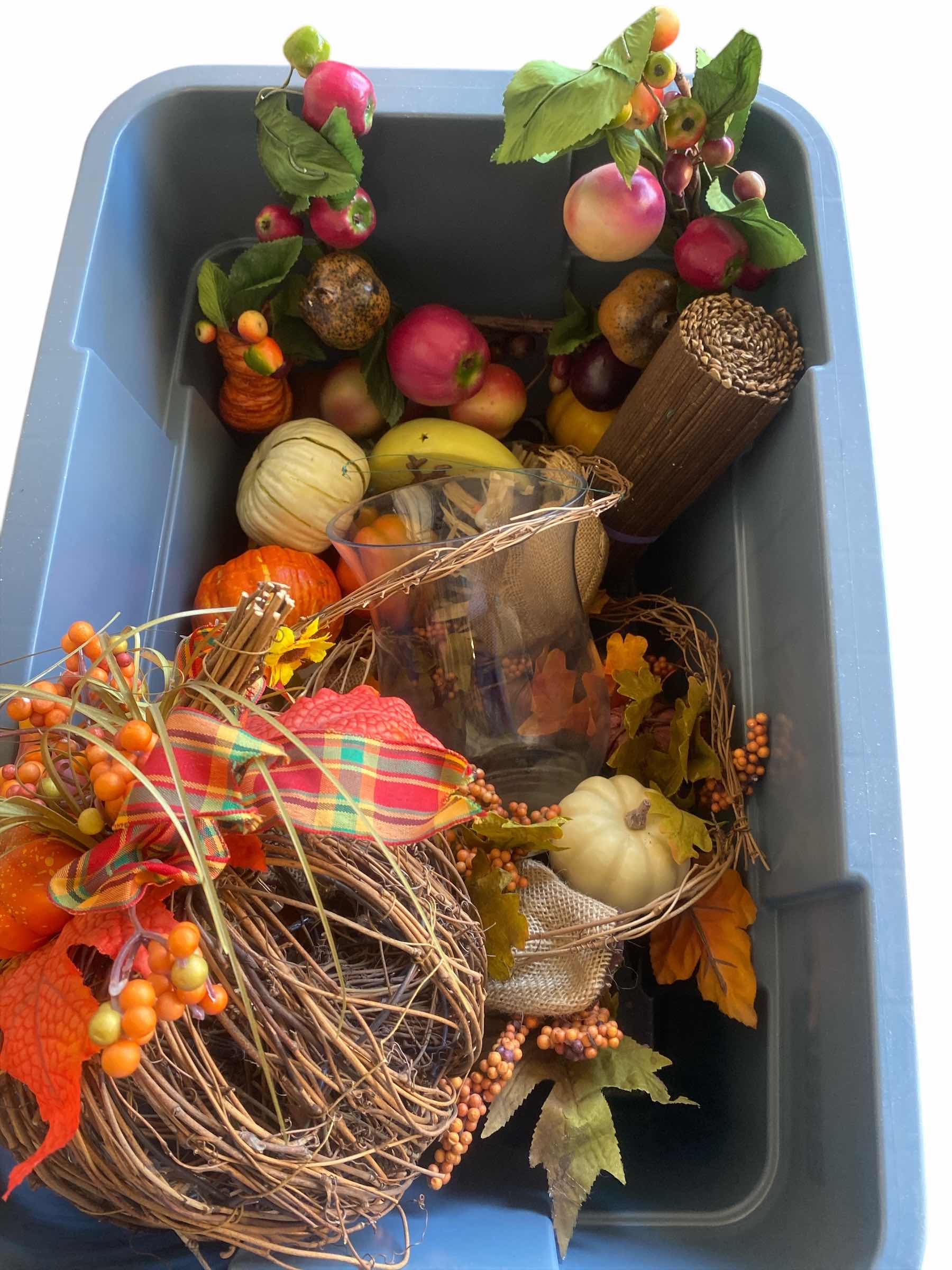 Photo 1 of TOTE OF FALL DECOR & ALUMINUM PLANTERS