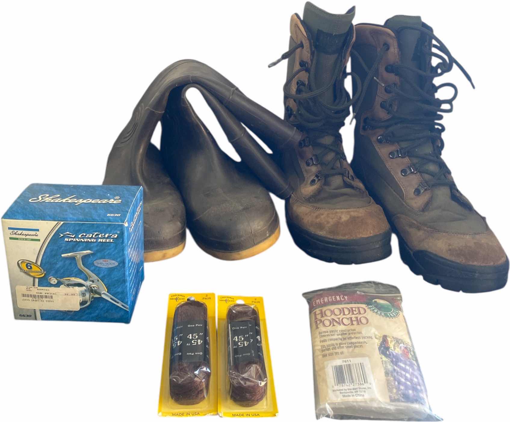 Photo 1 of RUBBER BOOTS SUZE 9, HIKING BOOTS SIZE 10, FISHING REEL, BIOT LACES & PONCHO