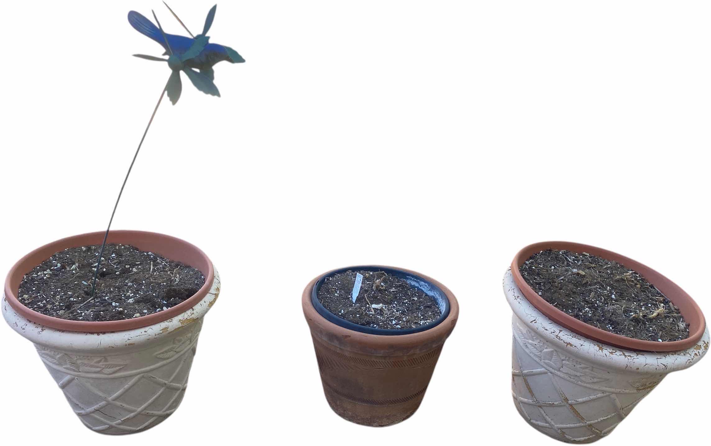 Photo 1 of 2 PLASTIC POTS & 1 CLAY POT LARGEST 15” x 14”