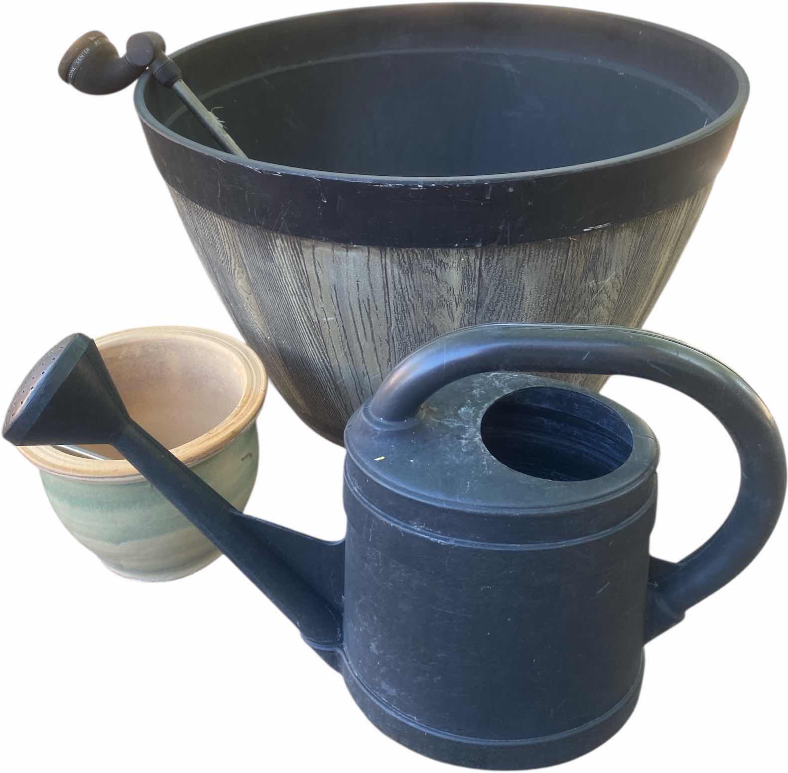 Photo 1 of CERAMICS C POT, PLASTIC BARREL POT AND WATERING CAN LARGEST 25” x 15”
