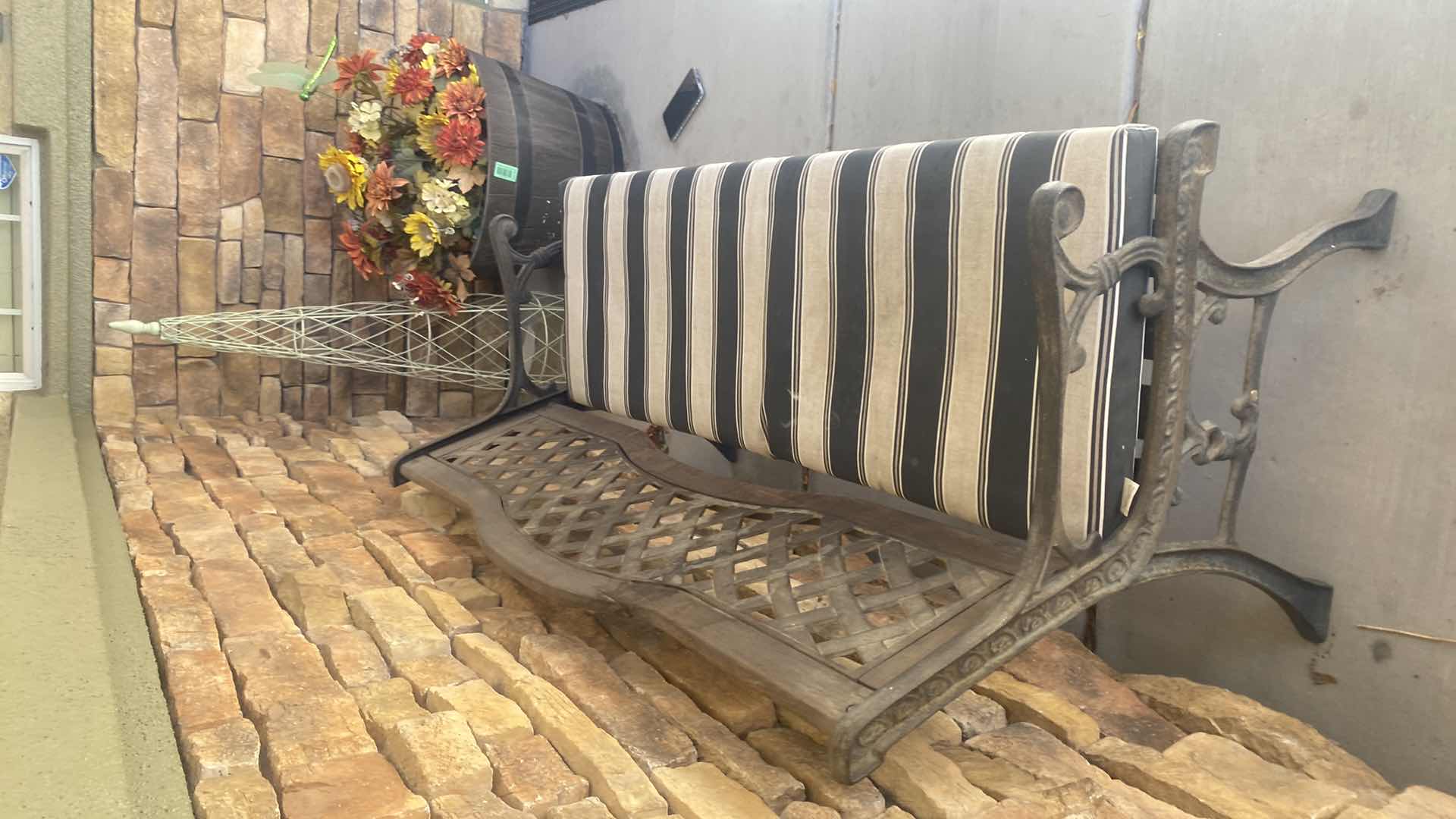 Photo 1 of WOOD & METAL GARDEN BENCH WITH SLATS & CUSHION 50“ x 22“ H28”