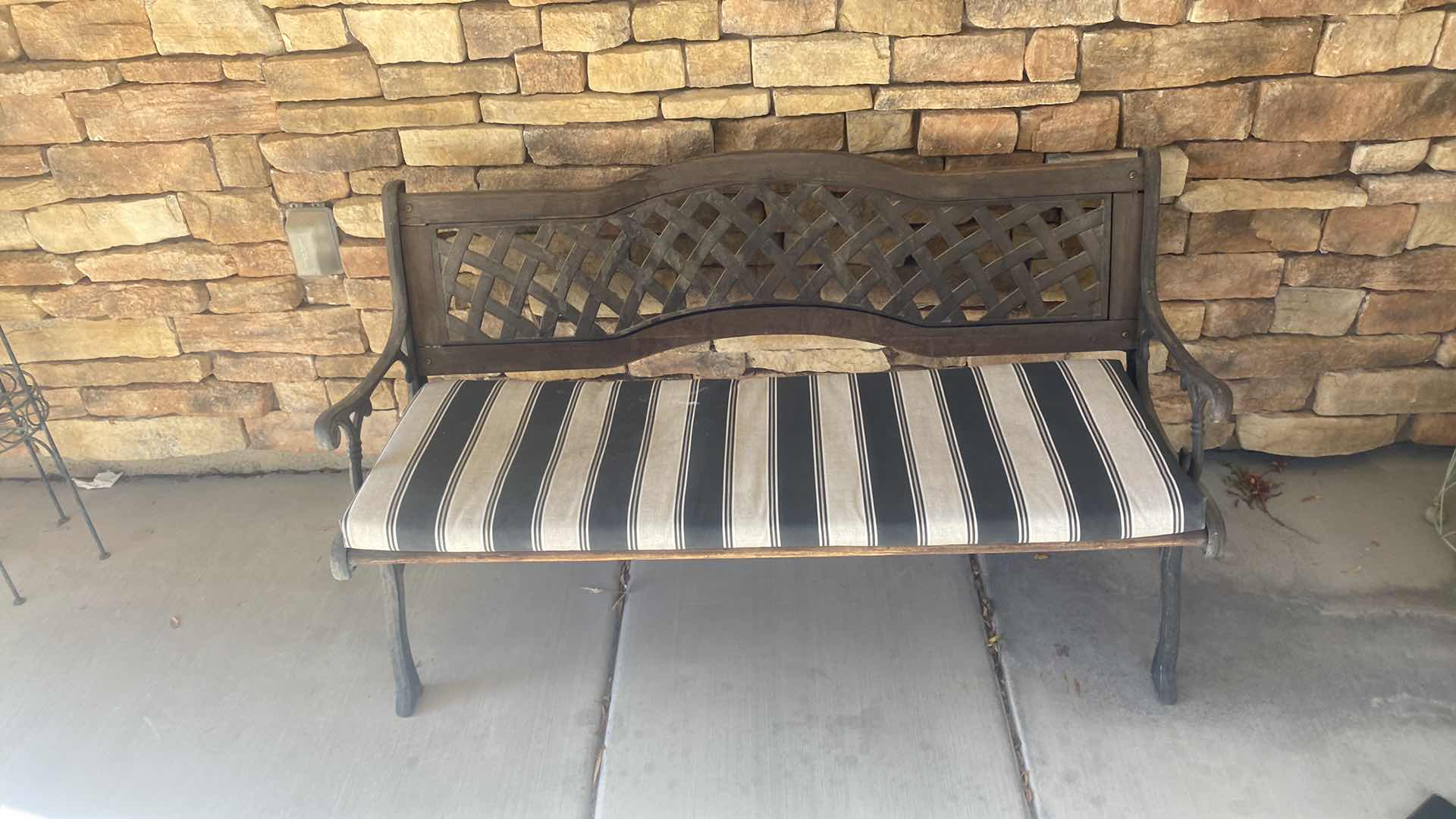 Photo 1 of WOOD & METAL GARDEN BENCH WITH SLATS & CUSHION 50“ x 22“ H28”