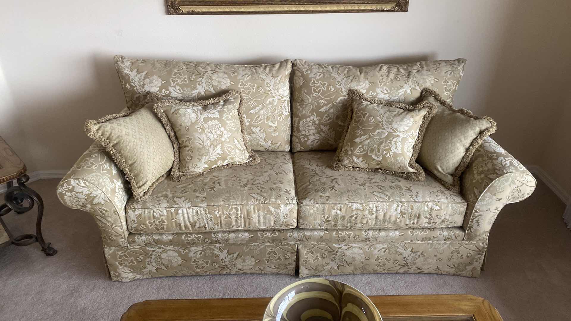 Photo 1 of 88” BROYHILL STUDIO GOLD FABRIC ROLLED ARMS SOFA (sofa, and toss pillows only, other items sold separately)(loveseat also available)