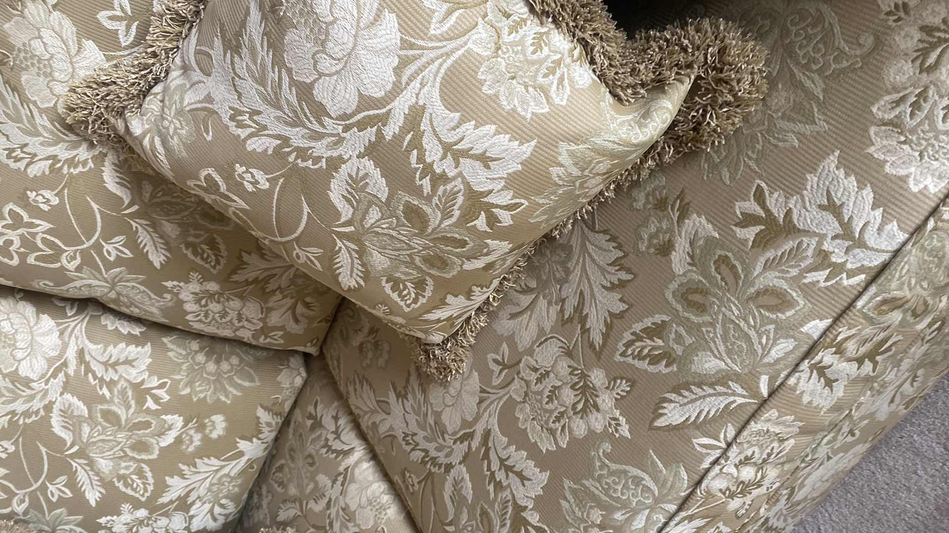 Photo 1 of 88” BROYHILL STUDIO GOLD FABRIC ROLLED ARMS SOFA (sofa, and toss pillows only, other items sold separately)(loveseat also available)