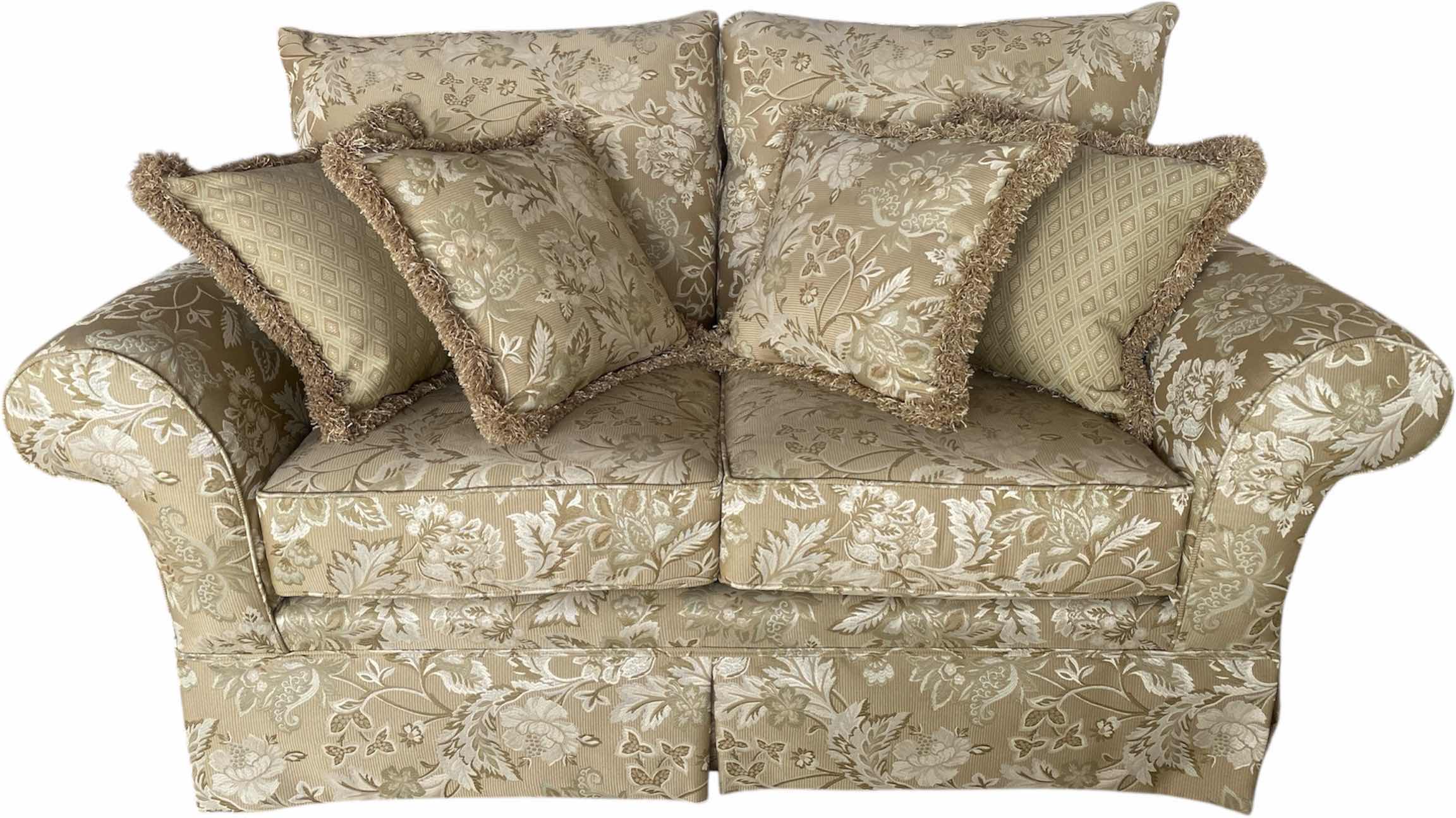 Photo 1 of 65” BROYHILL STUDIO GOLD FABRIC ROLLED ARMS LOVESEAT (liveseat and toss pillows only, other items sold separately)(sofa also available)