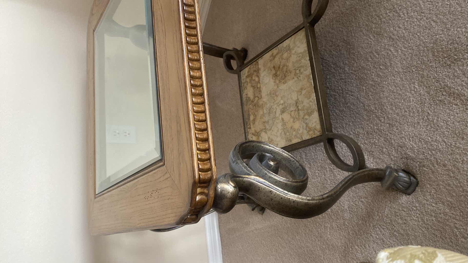 Photo 1 of HEAVY OAK & IRON END TABLE WITH BEVELED GLASS TOP 26“ x 24“ H22 1/2”(matching coffee table available sold separately)