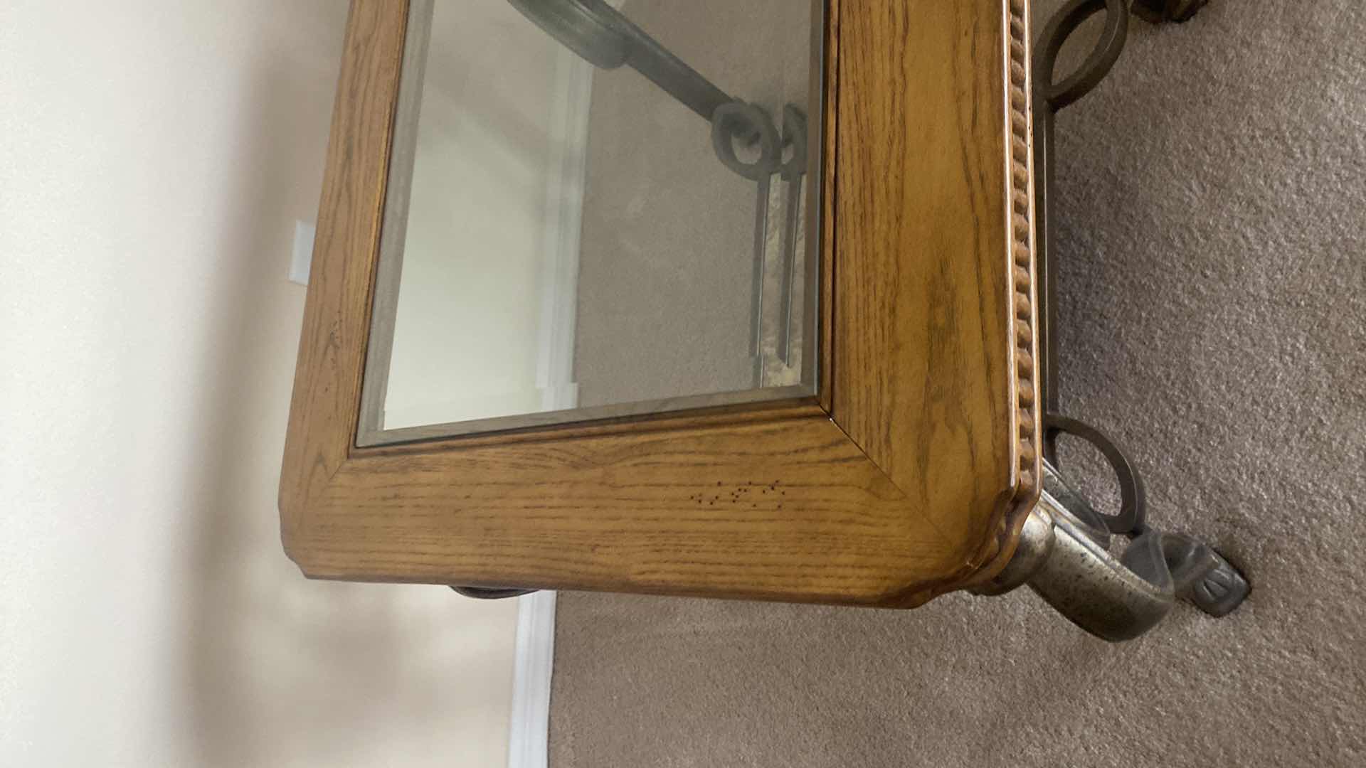 Photo 1 of HEAVY OAK & IRON END TABLE WITH BEVELED GLASS TOP 26“ x 24“ H22 1/2”(matching coffee table available sold separately)