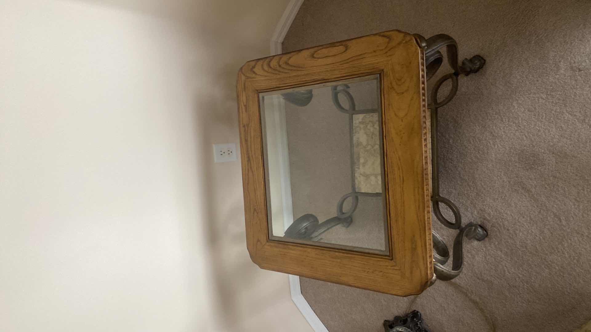 Photo 1 of HEAVY OAK & IRON END TABLE WITH BEVELED GLASS TOP 26“ x 24“ H22 1/2”(matching coffee table available sold separately)