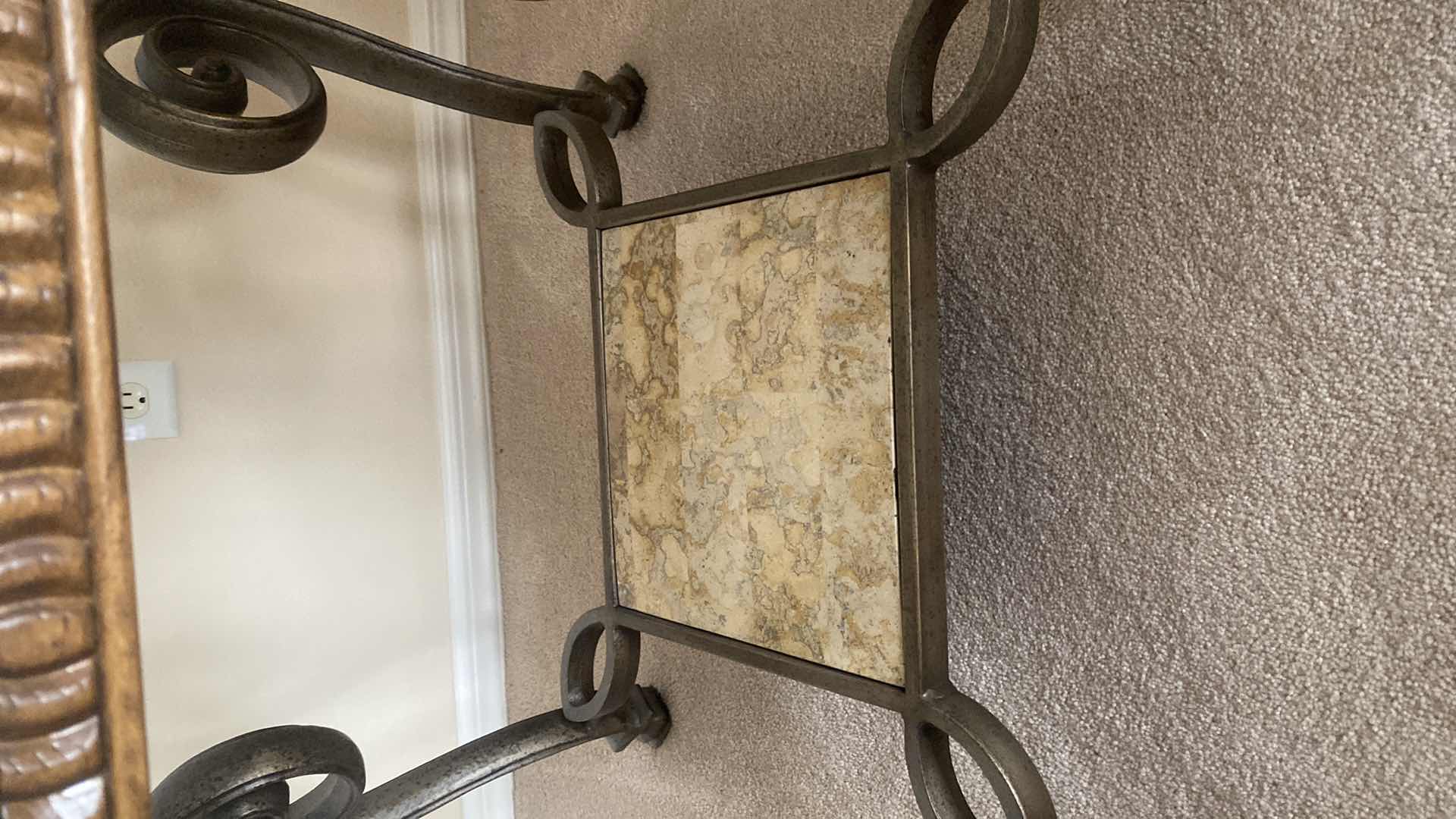 Photo 1 of HEAVY OAK & IRON END TABLE WITH BEVELED GLASS TOP 26“ x 24“ H22 1/2”(matching coffee table available sold separately)