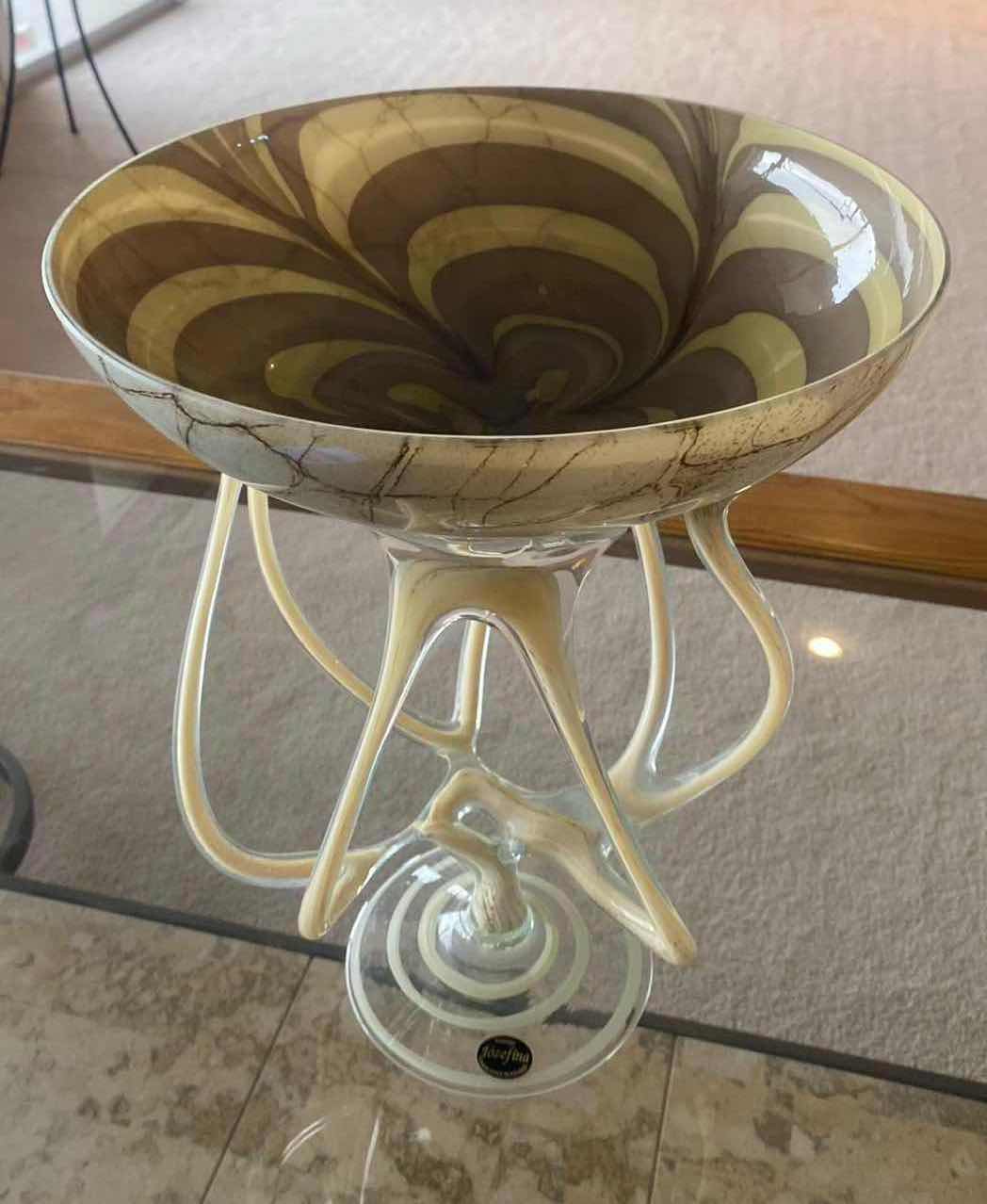 Photo 1 of JOZEFINA KRONSO BLOWN ART GLASS JELLYFISH/OCTOPUS MARBLED BEIGE BOWL 14 1/2” x 11 1/2” APPROX VALUE $220