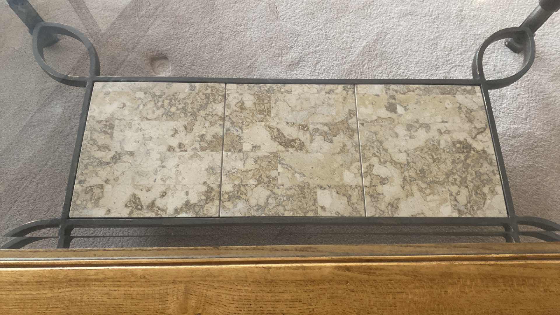 Photo 1 of HEAVY OAK & IRON COFFEE TABLE WITH BEVELED GLASS TOP 52” x 30”H18 1/2”(matching end table available sold separately)