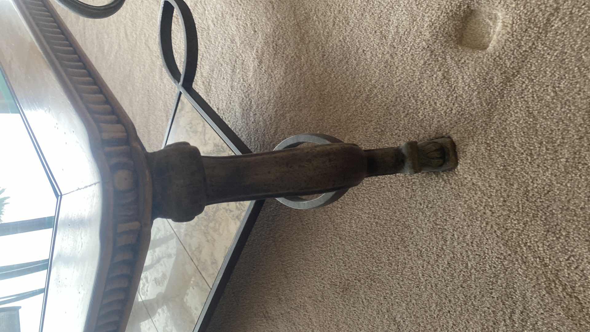 Photo 1 of HEAVY OAK & IRON COFFEE TABLE WITH BEVELED GLASS TOP 52” x 30”H18 1/2”(matching end table available sold separately)