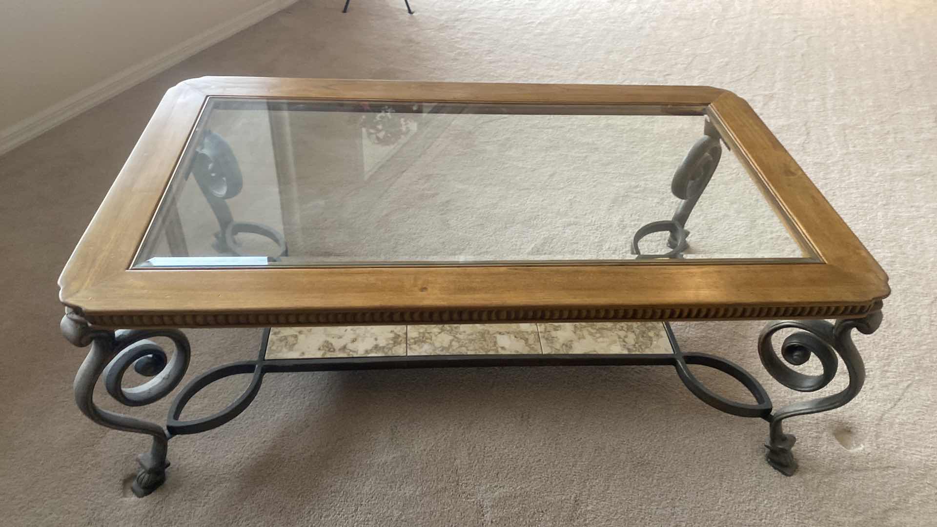 Photo 1 of HEAVY OAK & IRON COFFEE TABLE WITH BEVELED GLASS TOP 52” x 30”H18 1/2”(matching end table available sold separately)