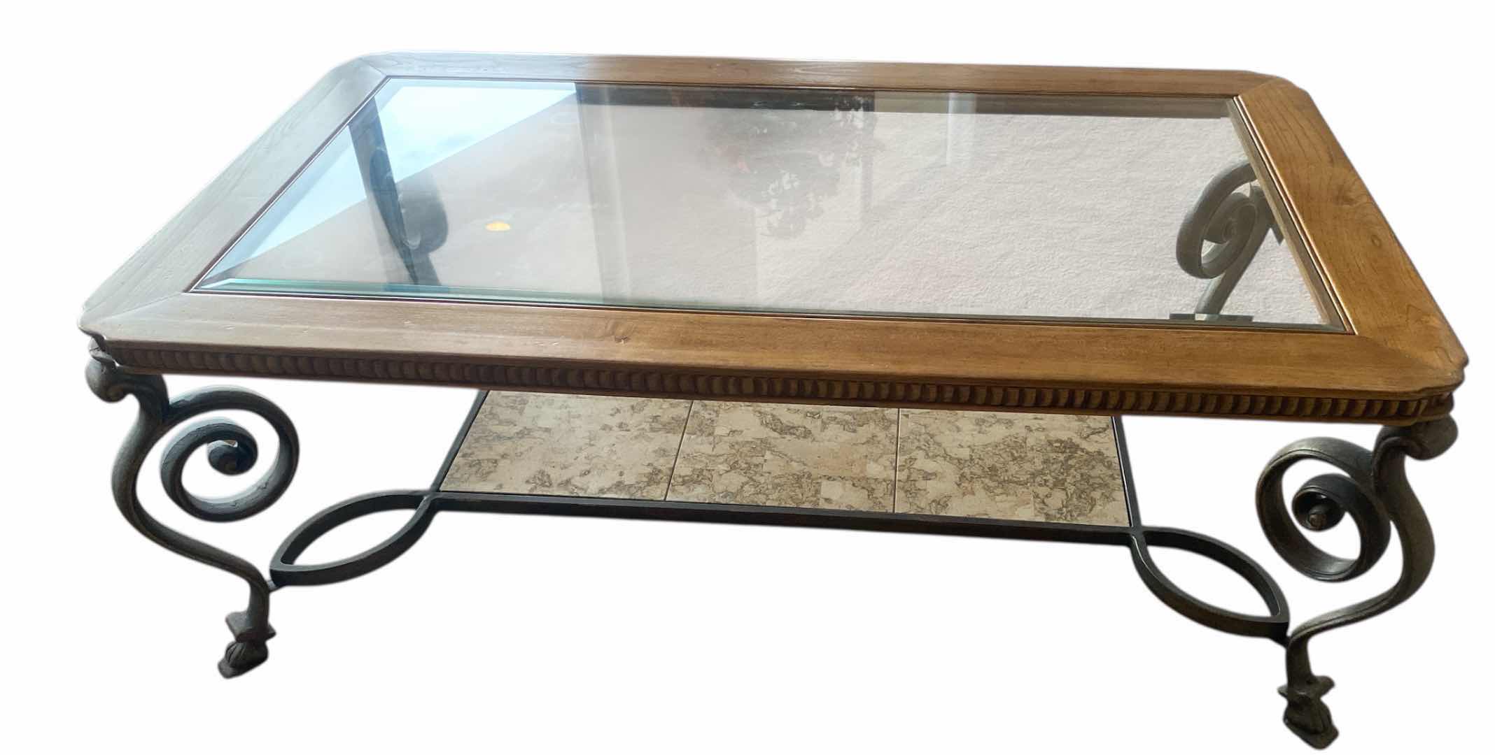 Photo 1 of HEAVY OAK & IRON COFFEE TABLE WITH BEVELED GLASS TOP 52” x 30”H18 1/2”(matching end table available sold separately)