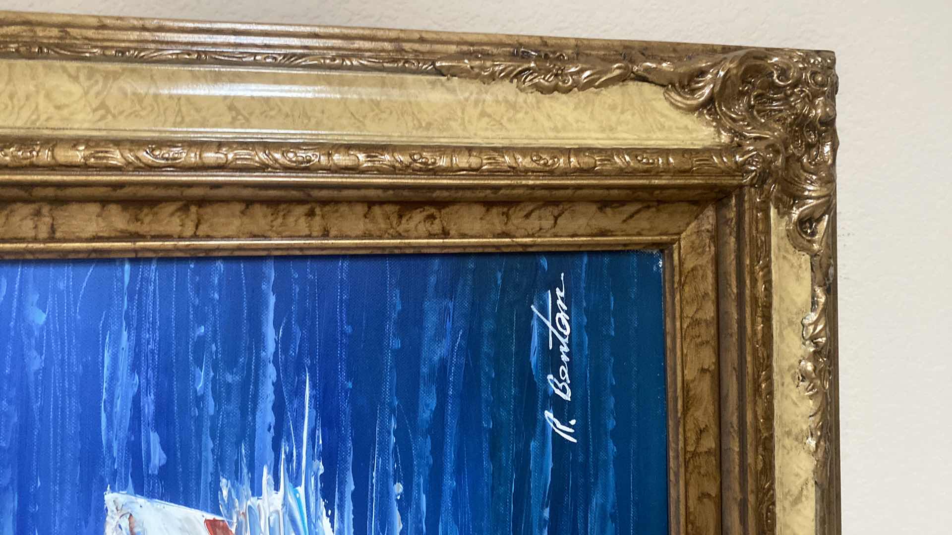 Photo 1 of ORNATE RESIN FRAMED EMBELISHED OIL ON CANVAS PRINT SEASIDE VILLA SIGNED R. BENTON  ARTWORK56“ x 42 1/2“