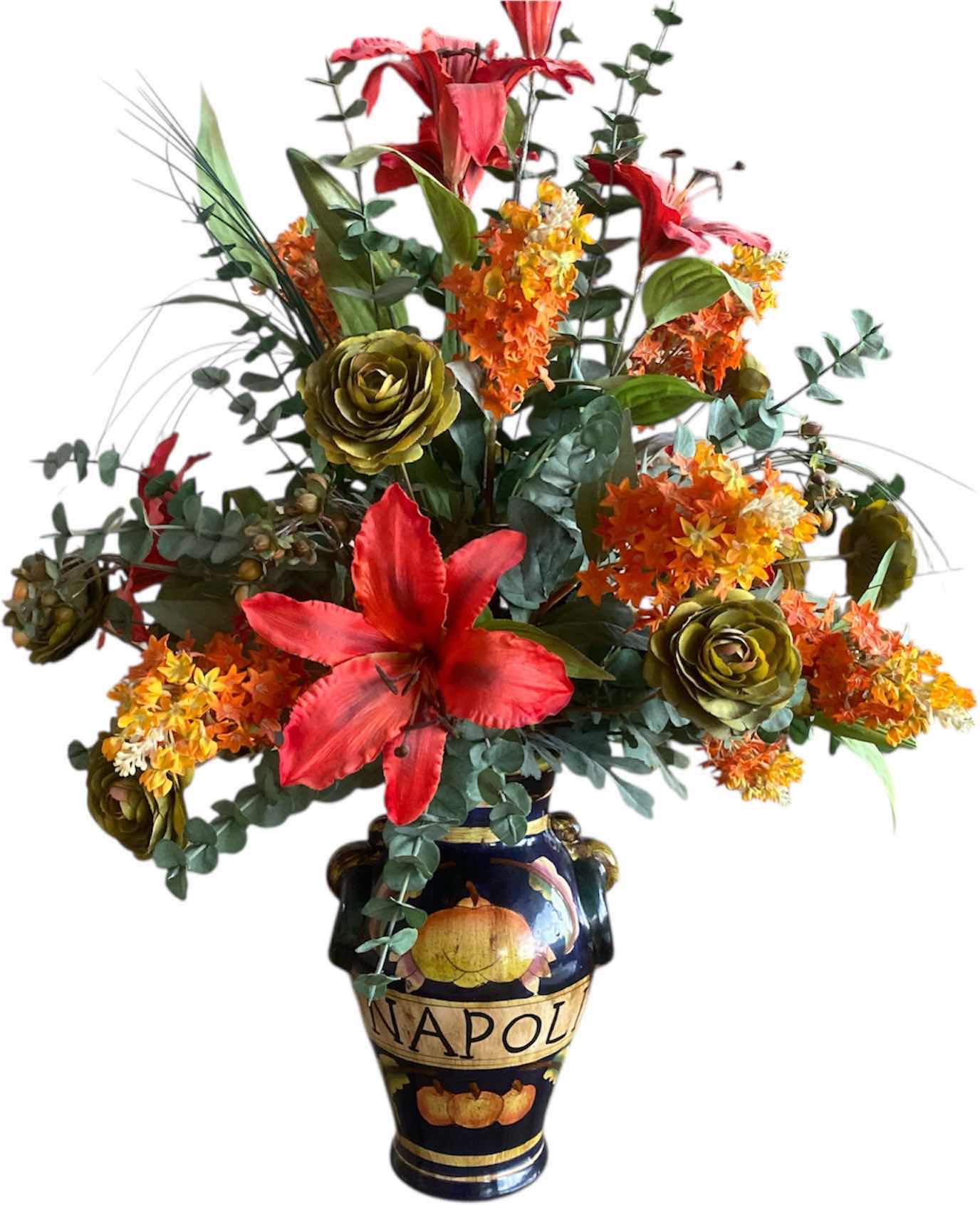 Photo 1 of TUSCAN STYLE CERAMIC VASE H12” WITH FAUX FLORALS H32”