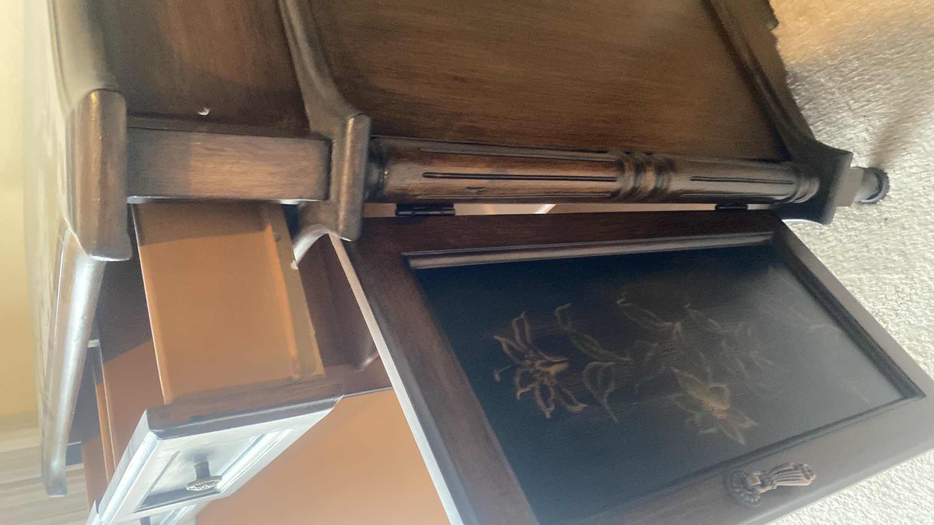 Photo 1 of HEAVY HAND PAINTED WOOD BUFFET CABINET WITH FLORAL MOTIF 30” x 13 1/2” H32”