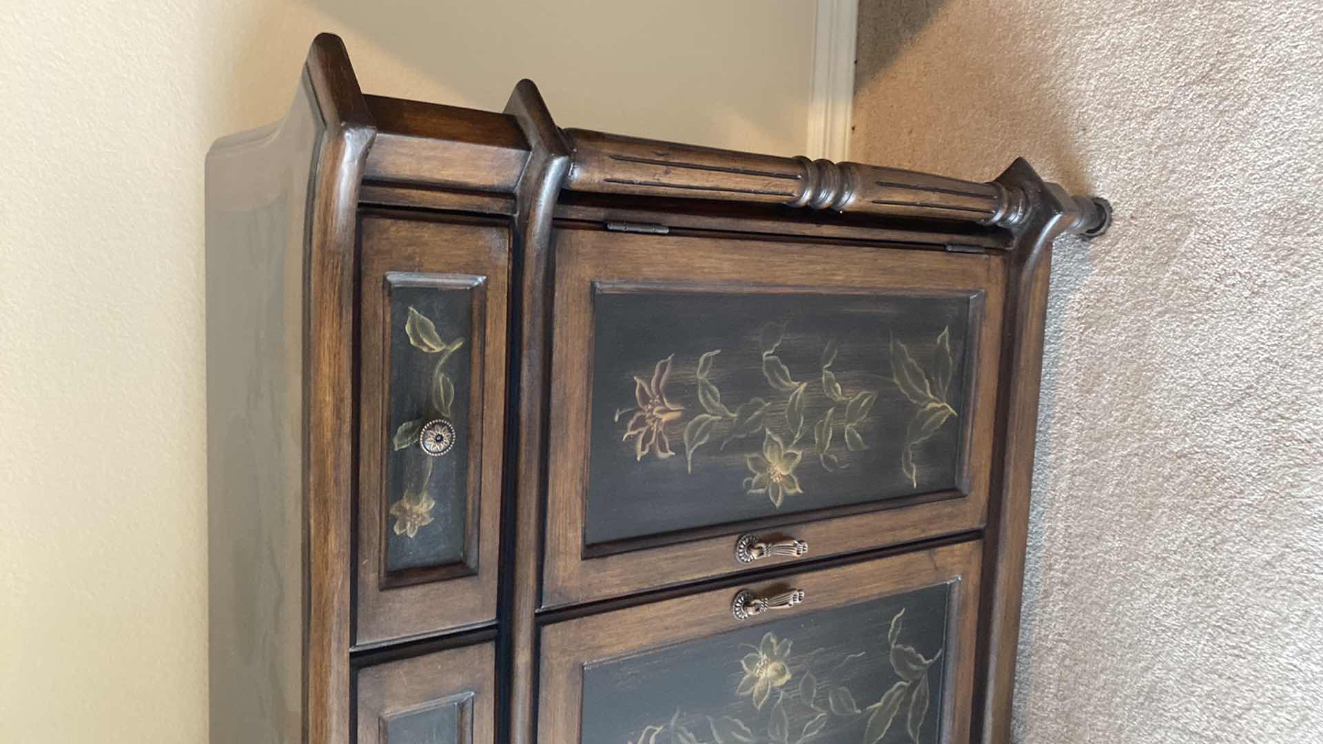 Photo 1 of HEAVY HAND PAINTED WOOD BUFFET CABINET WITH FLORAL MOTIF 30” x 13 1/2” H32”