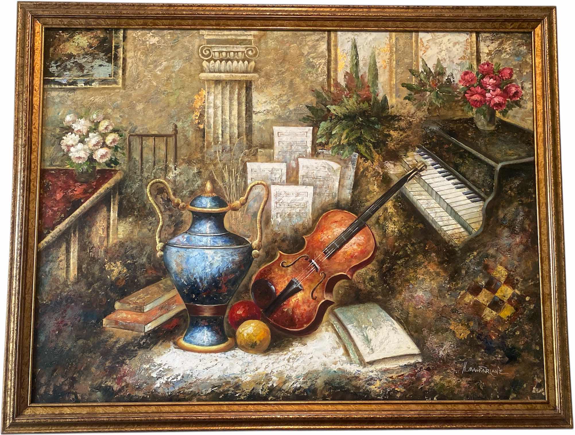 Photo 1 of ORNATE RESIN FRAMED EMBELISHED OIL ON CANVAS MUSICAL INSTRUMENTS PRINT SIGNED ARTWORK 53“ x 41“