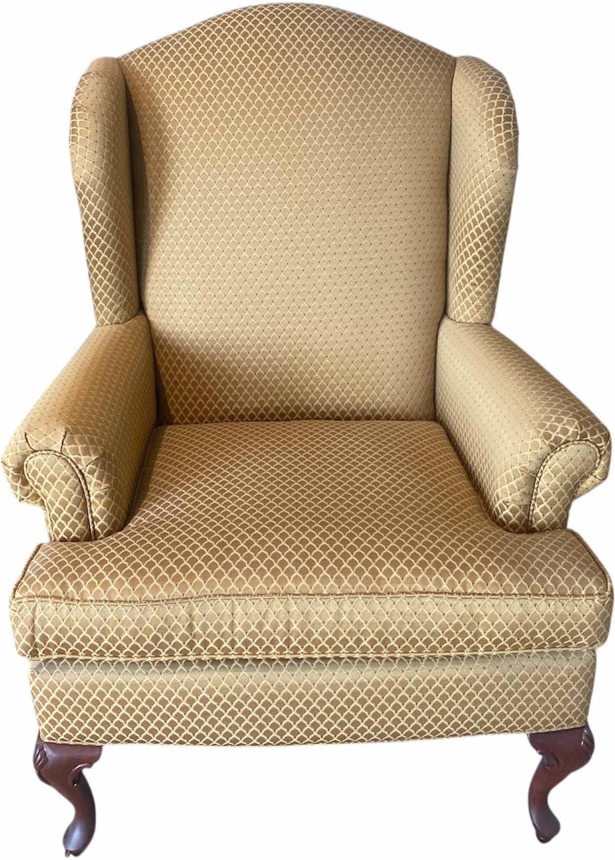 Photo 1 of BASSETT GOLD UPHOLSTERED WINGBACK OCCASIONAL CHAIR WITH WOOD QUEEN ANNE LEGS