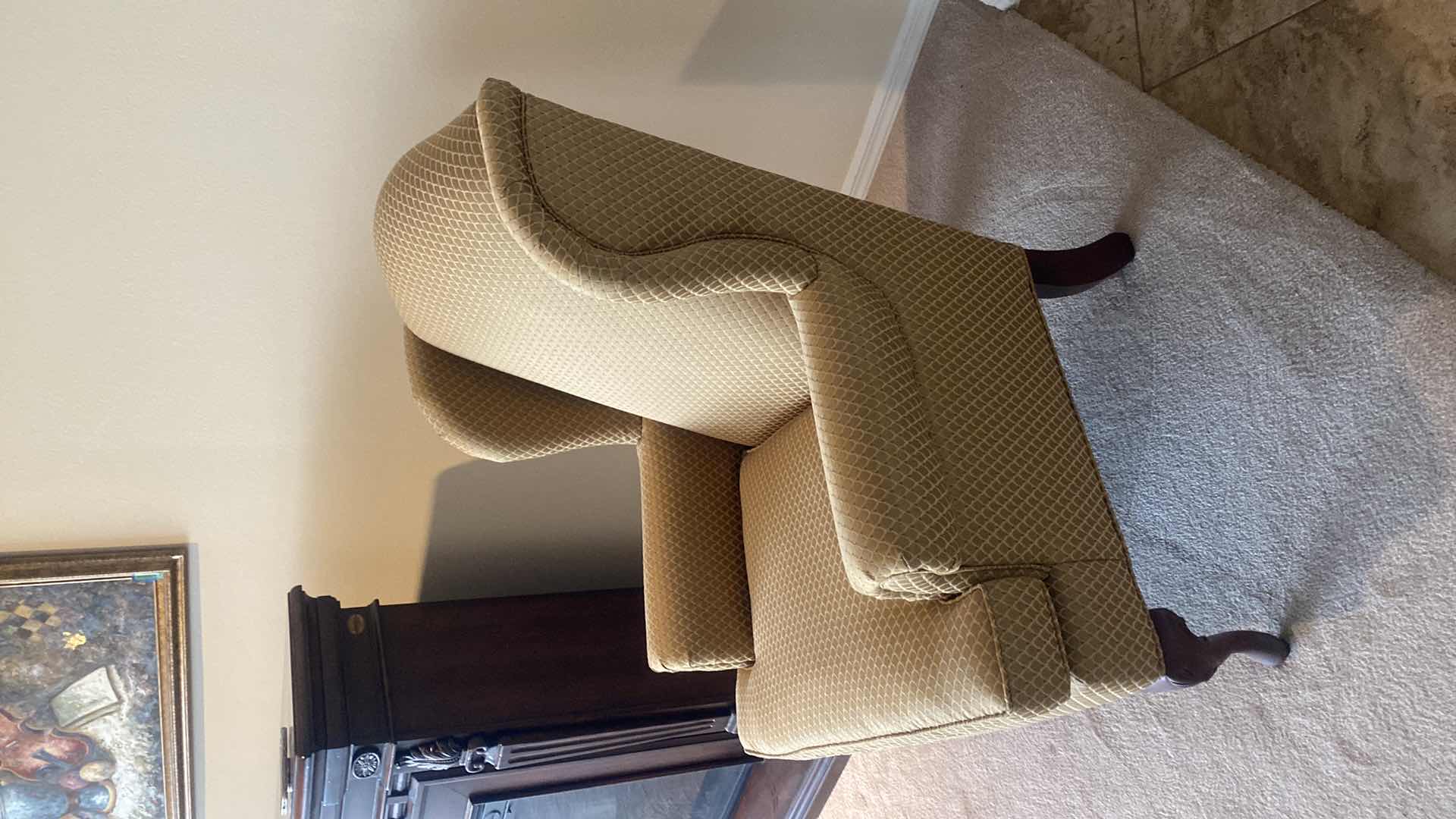 Photo 1 of BASSETT GOLD UPHOLSTERED WINGBACK OCCASIONAL CHAIR WITH WOOD QUEEN ANNE LEGS