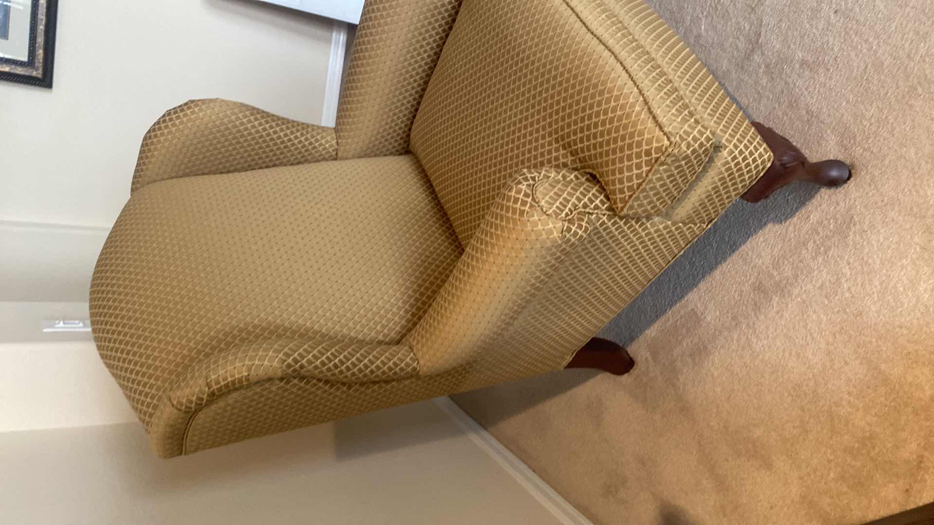 Photo 1 of BASSETT GOLD UPHOLSTERED WINGBACK OCCASIONAL CHAIR WITH WOOD QUEEN ANNE LEGS