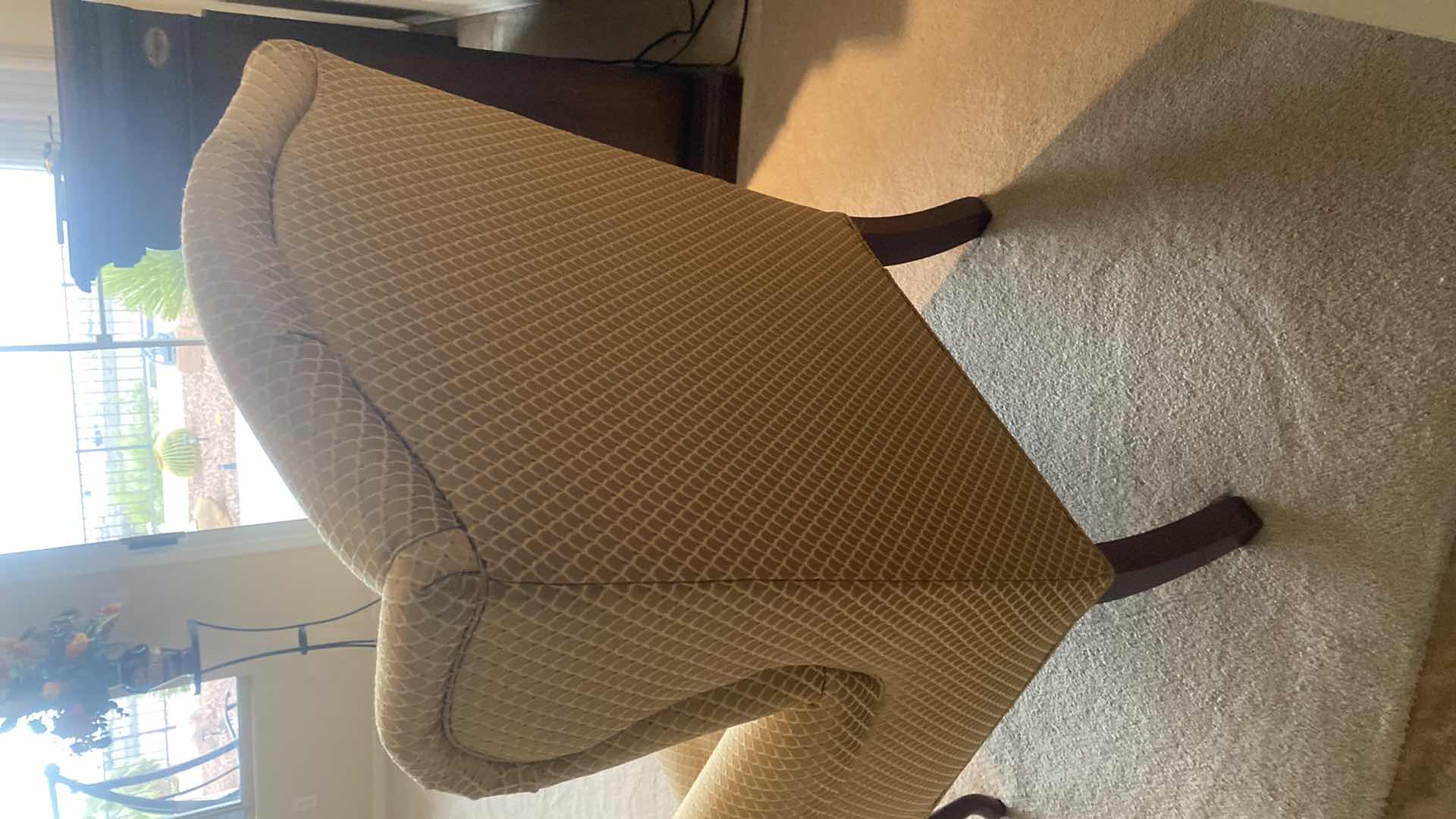 Photo 1 of BASSETT GOLD UPHOLSTERED WINGBACK OCCASIONAL CHAIR WITH WOOD QUEEN ANNE LEGS