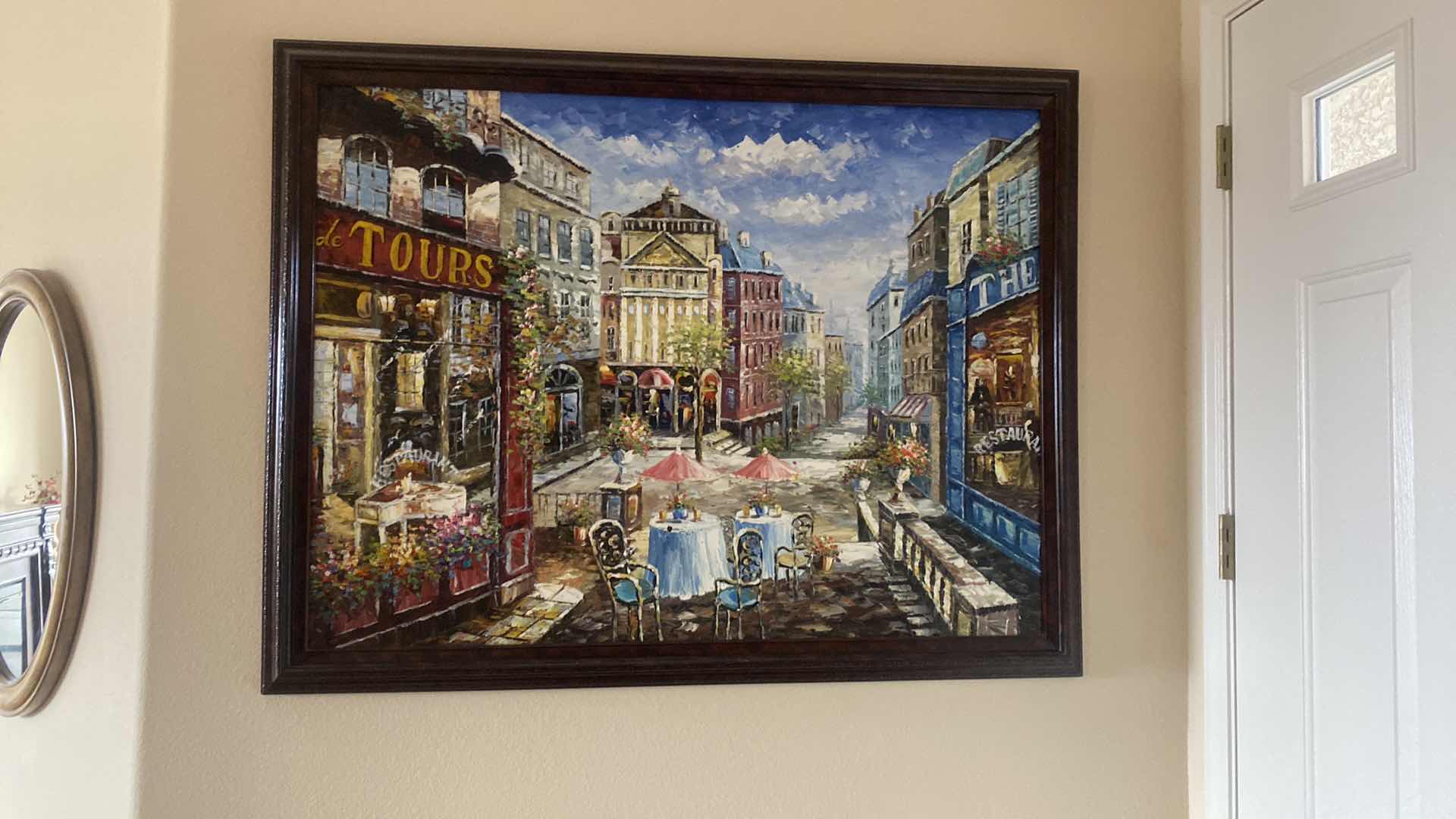 Photo 1 of DARK RESIN FRAMED EMBELISHED OIL ON CANVAS PRINT SIDEWALK CAFE ARTWORK 54” x 41”