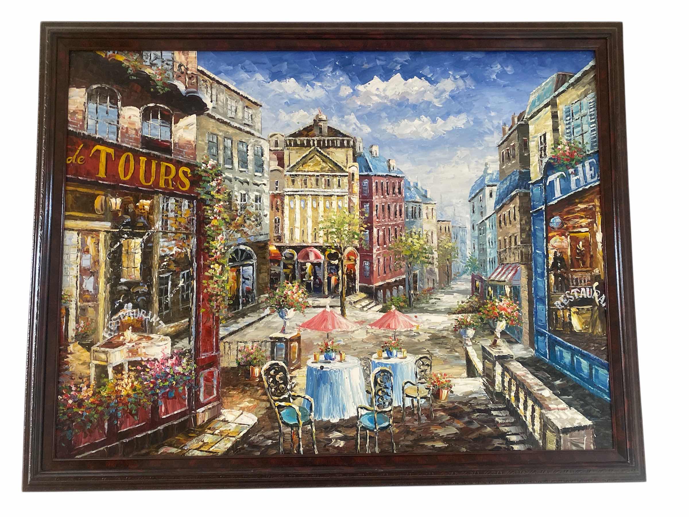 Photo 1 of DARK RESIN FRAMED EMBELISHED OIL ON CANVAS PRINT SIDEWALK CAFE ARTWORK 54” x 41”