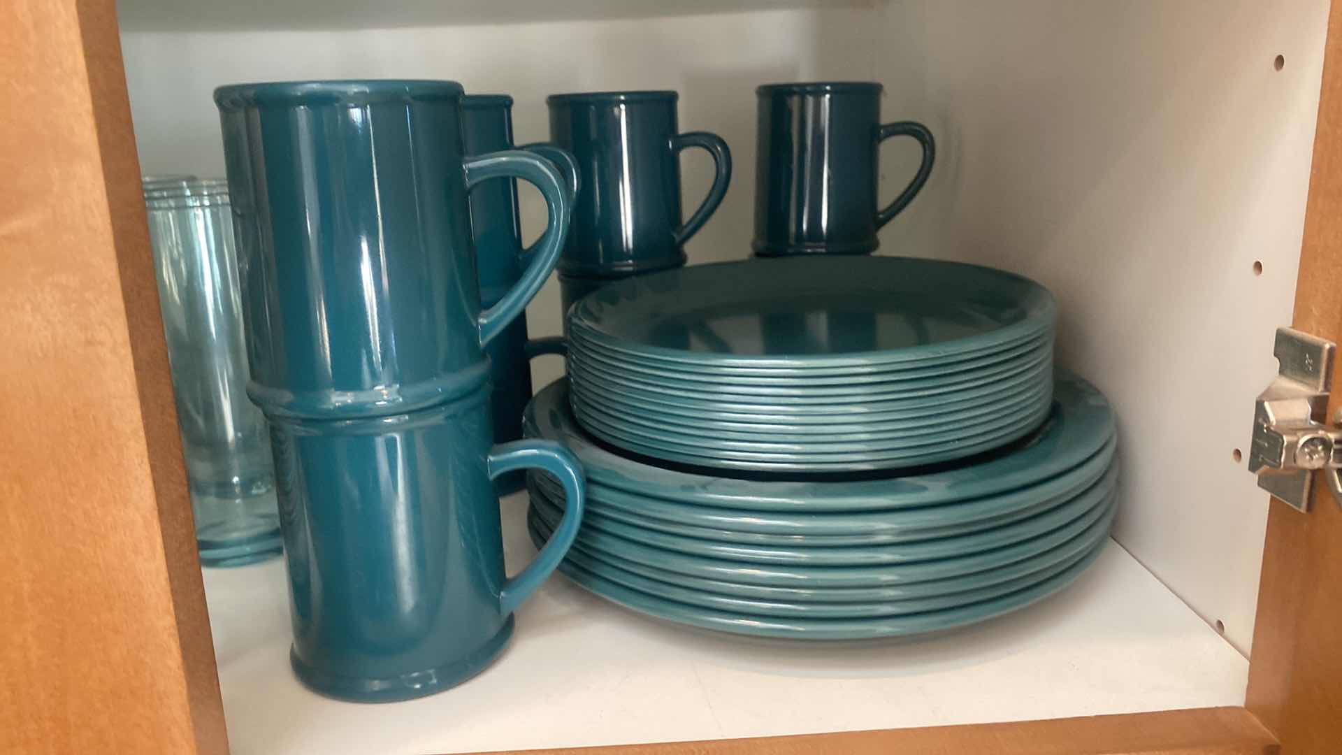 Photo 1 of CONTENTS OF CABINET - 1 SHELF MELAMINE DISHES, COFFEE CUPS, GLASSES & PITCHER, 1 SHELF STEMWARE