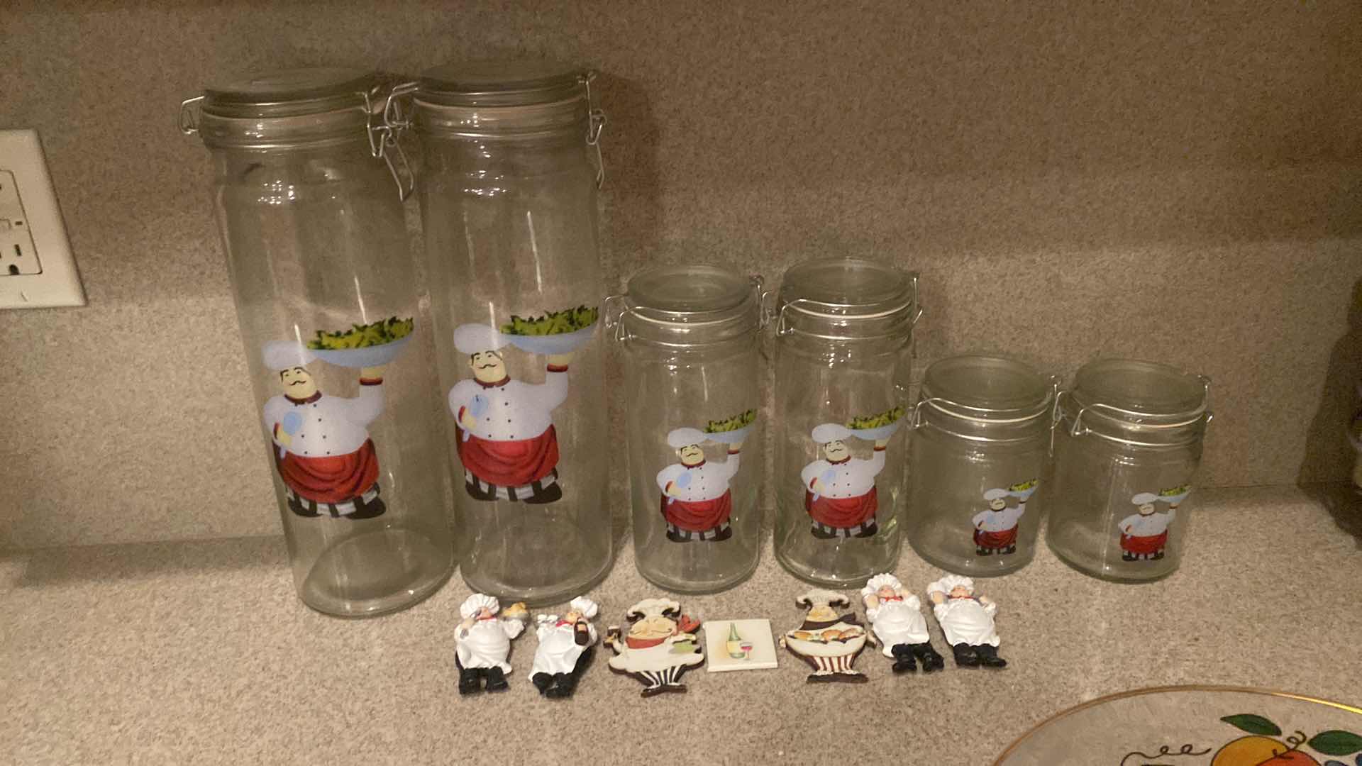 Photo 1 of 6 “LETS DINE” GLASS CANISTERS & 7 REFRIGERATOR MAGNETS