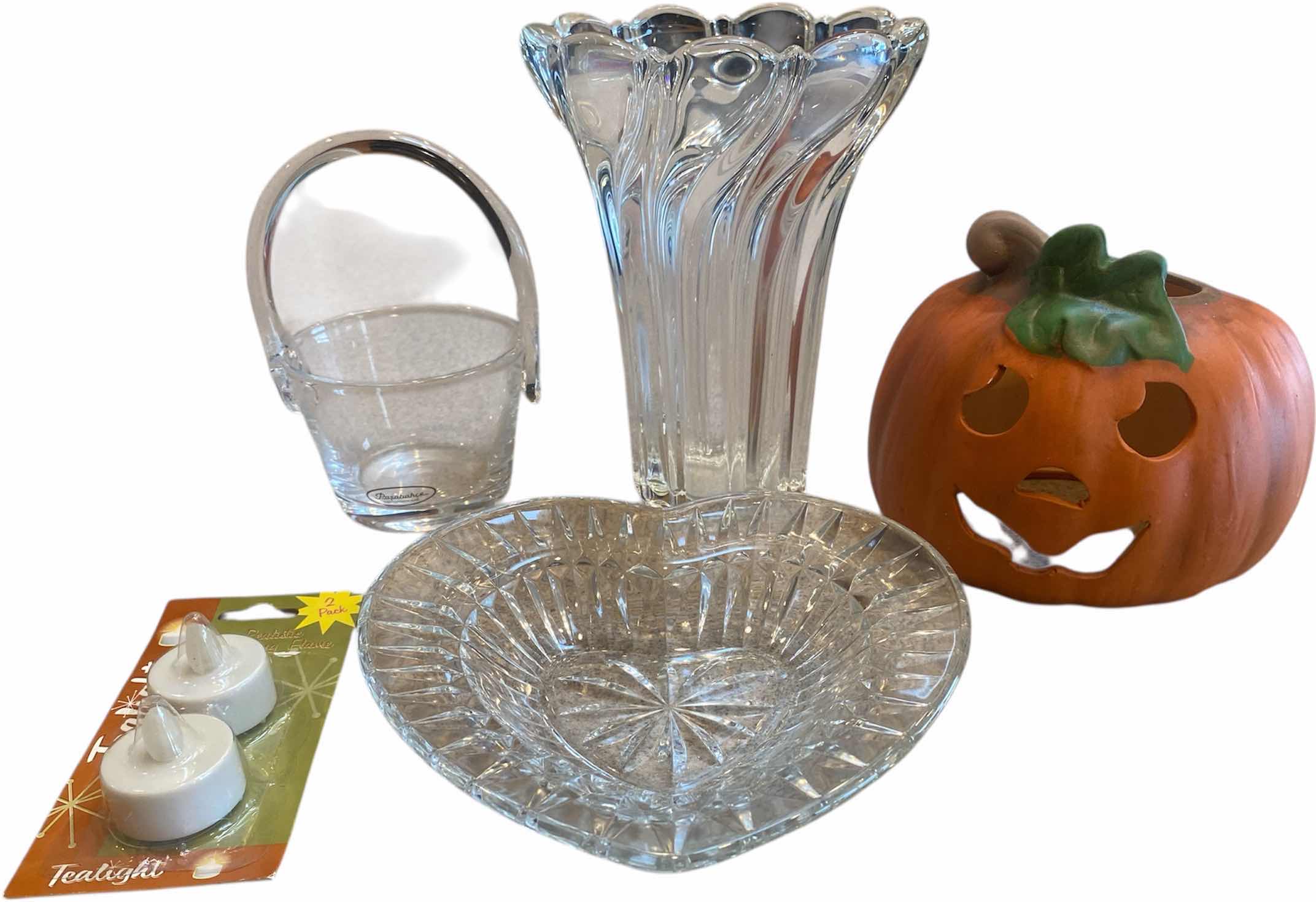 Photo 1 of GLASS BASKET, PUMPKIN WITH VOTIVES, CRYSTAL HEART CANDY DISH & VASE H8”