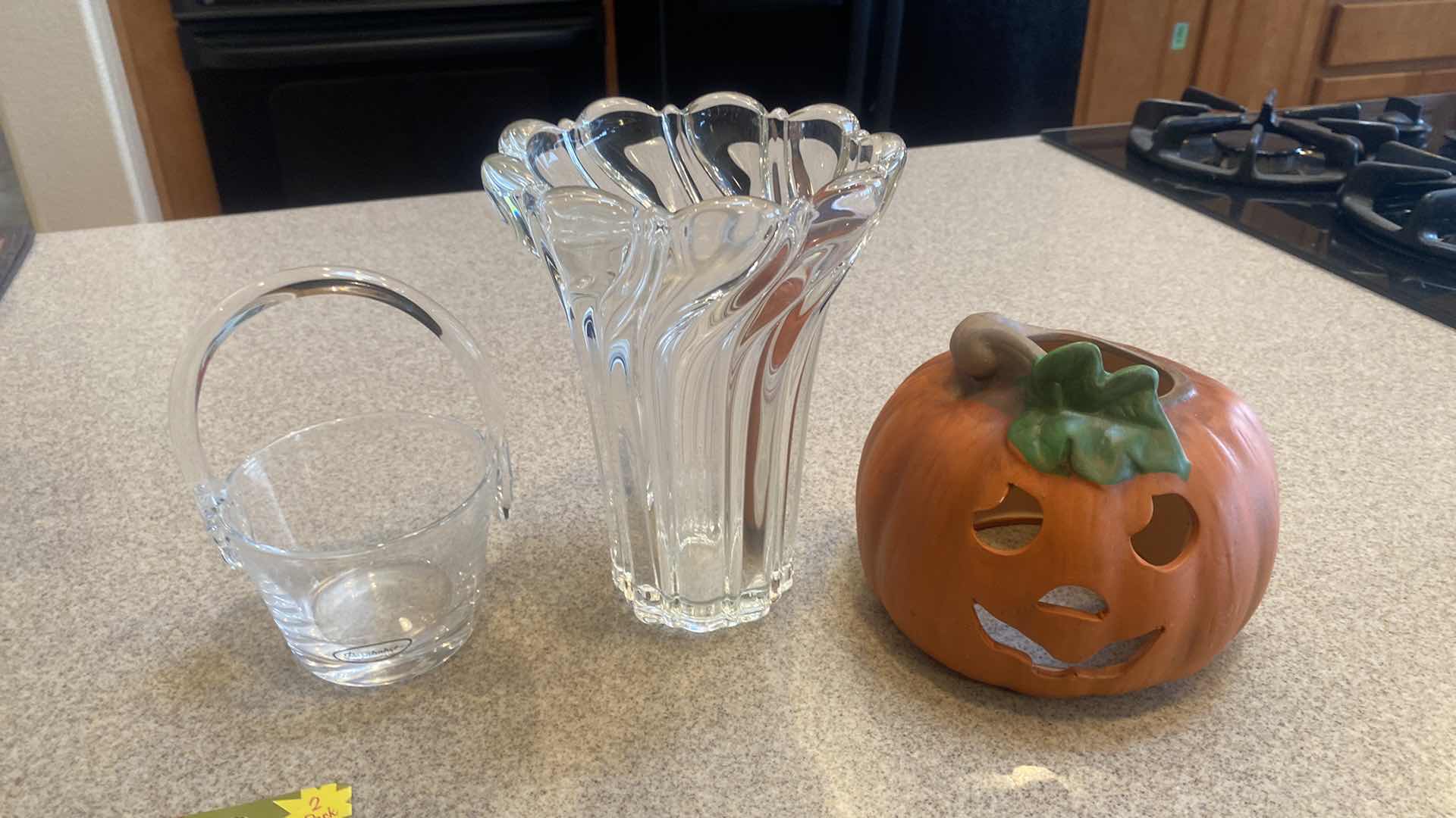 Photo 1 of GLASS BASKET, PUMPKIN WITH VOTIVES, CRYSTAL HEART CANDY DISH & VASE H8”