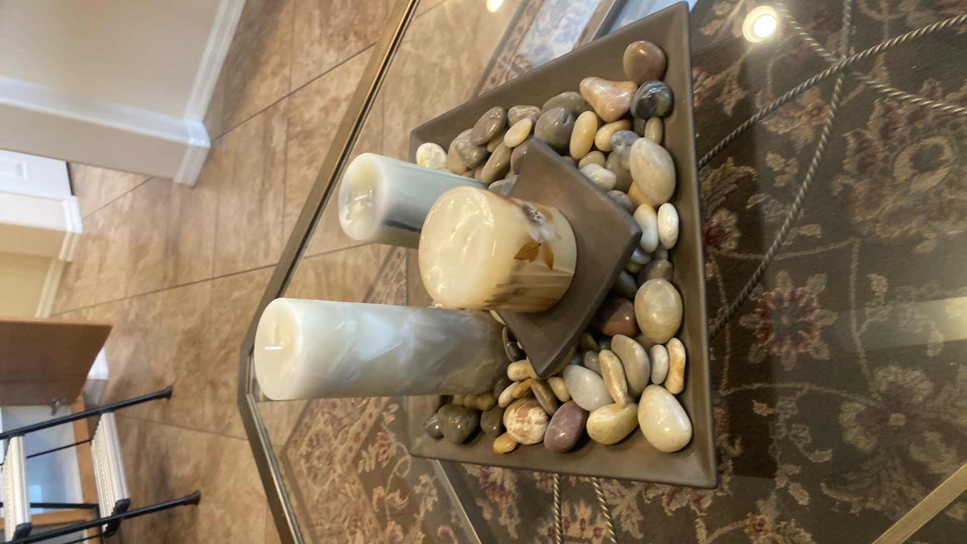 Photo 1 of HOME DECOR - TRAY WITH CANDLES & POLISHED ROCKS 13 1/2” x 13 1/2”