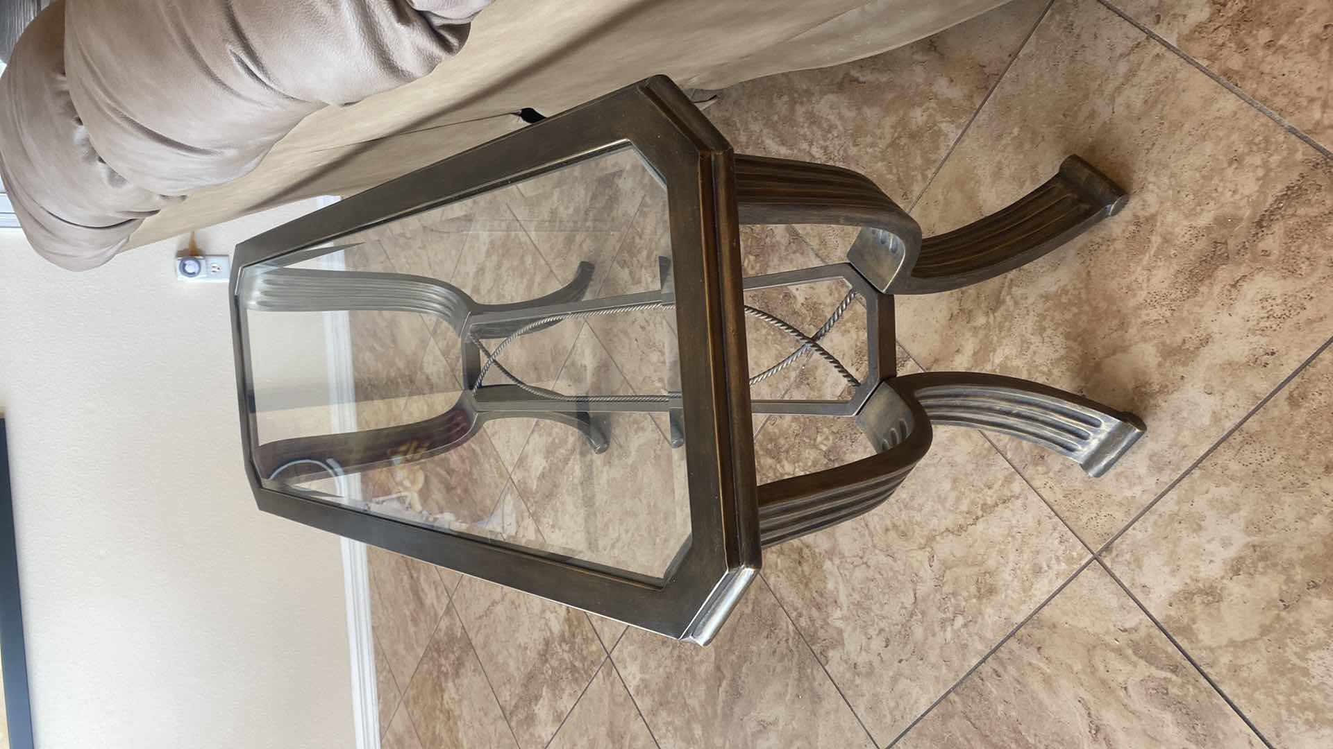 Photo 1 of HEAVY METAL SOFA TABLE WITH BEVELED GLASS TOP 47“ x 17“ H28” (end table, and coffee table also available to be sold separately)