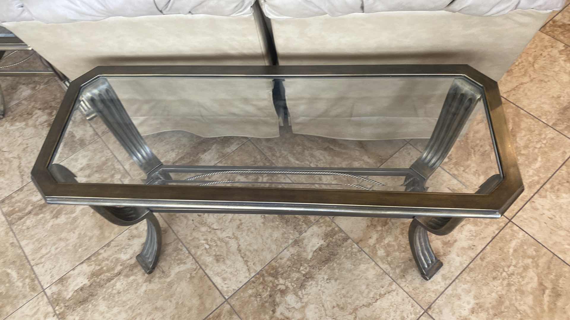 Photo 1 of HEAVY METAL SOFA TABLE WITH BEVELED GLASS TOP 47“ x 17“ H28” (end table, and coffee table also available to be sold separately)