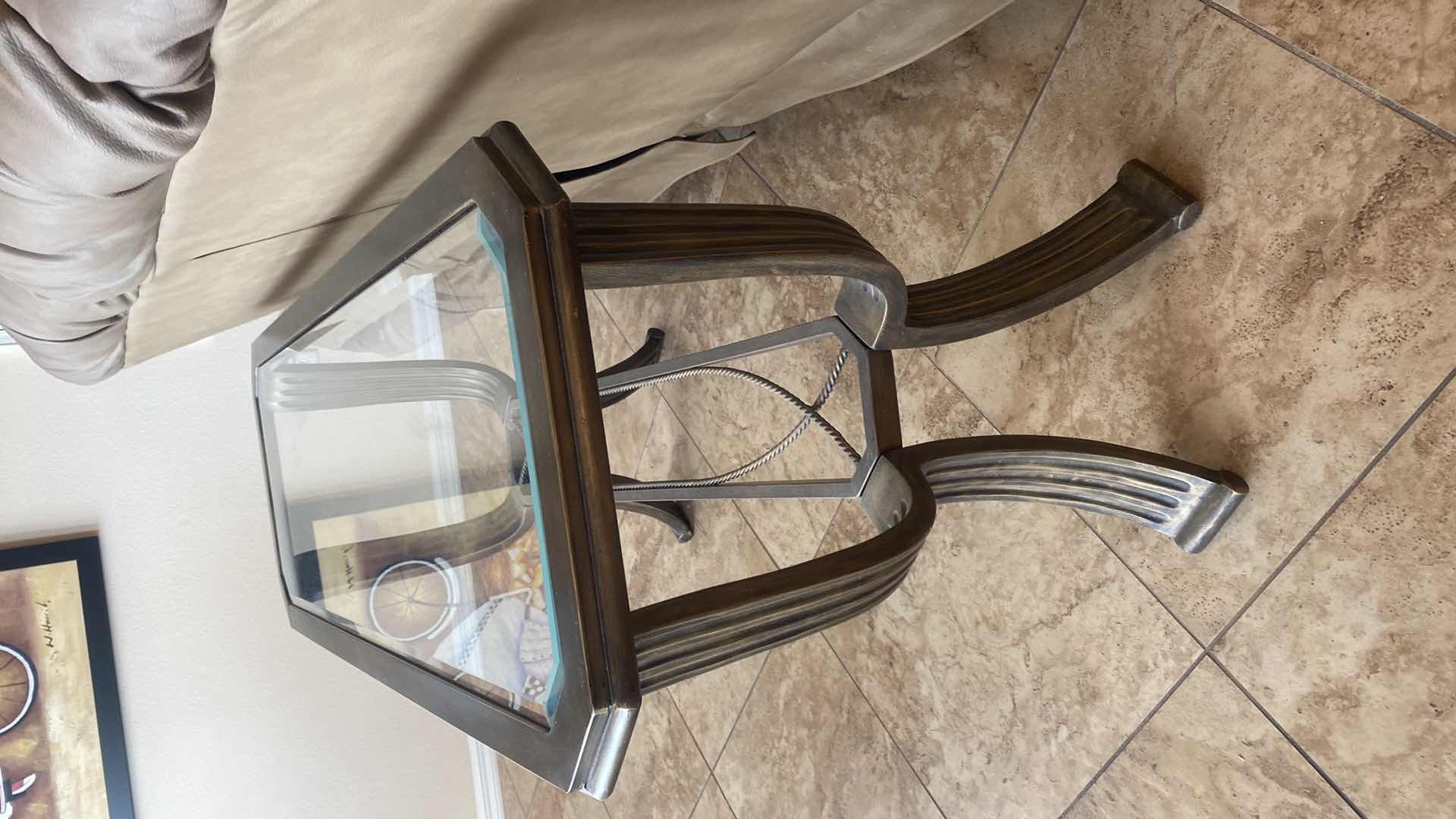 Photo 1 of HEAVY METAL SOFA TABLE WITH BEVELED GLASS TOP 47“ x 17“ H28” (end table, and coffee table also available to be sold separately)