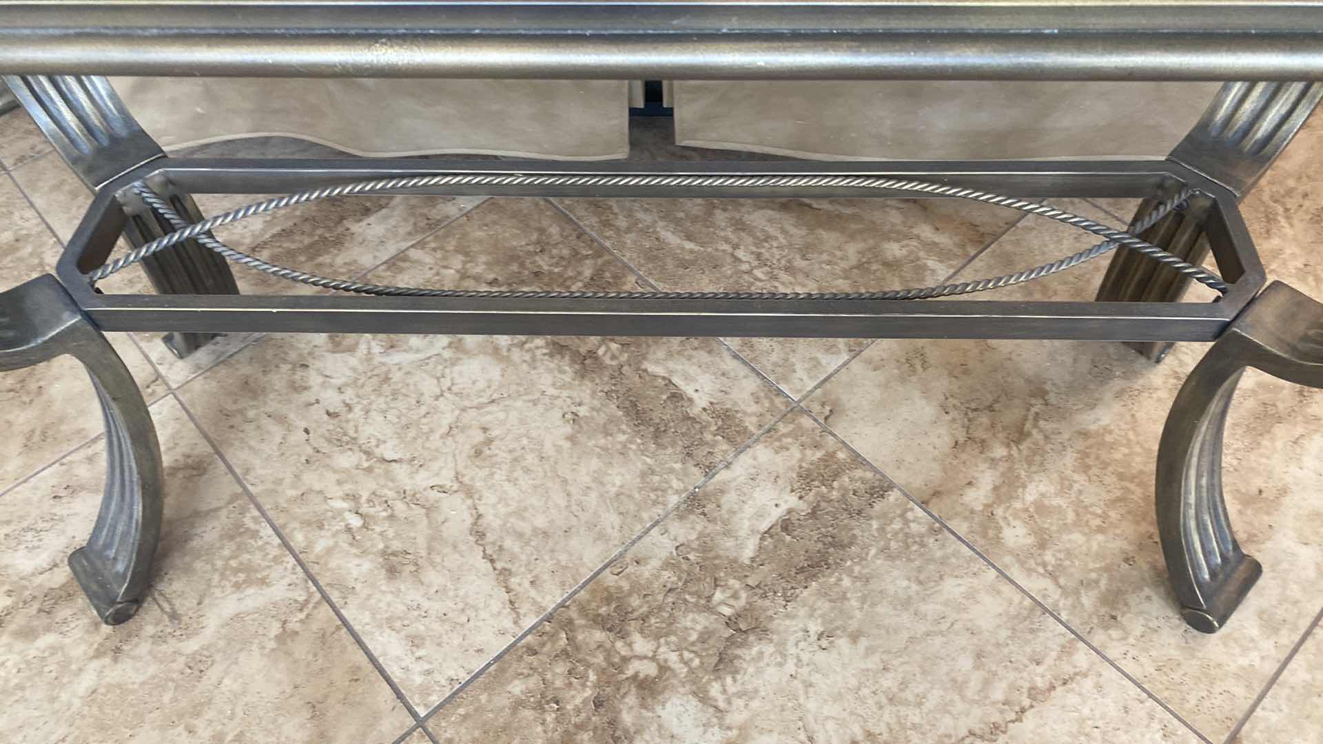 Photo 1 of HEAVY METAL SOFA TABLE WITH BEVELED GLASS TOP 47“ x 17“ H28” (end table, and coffee table also available to be sold separately)