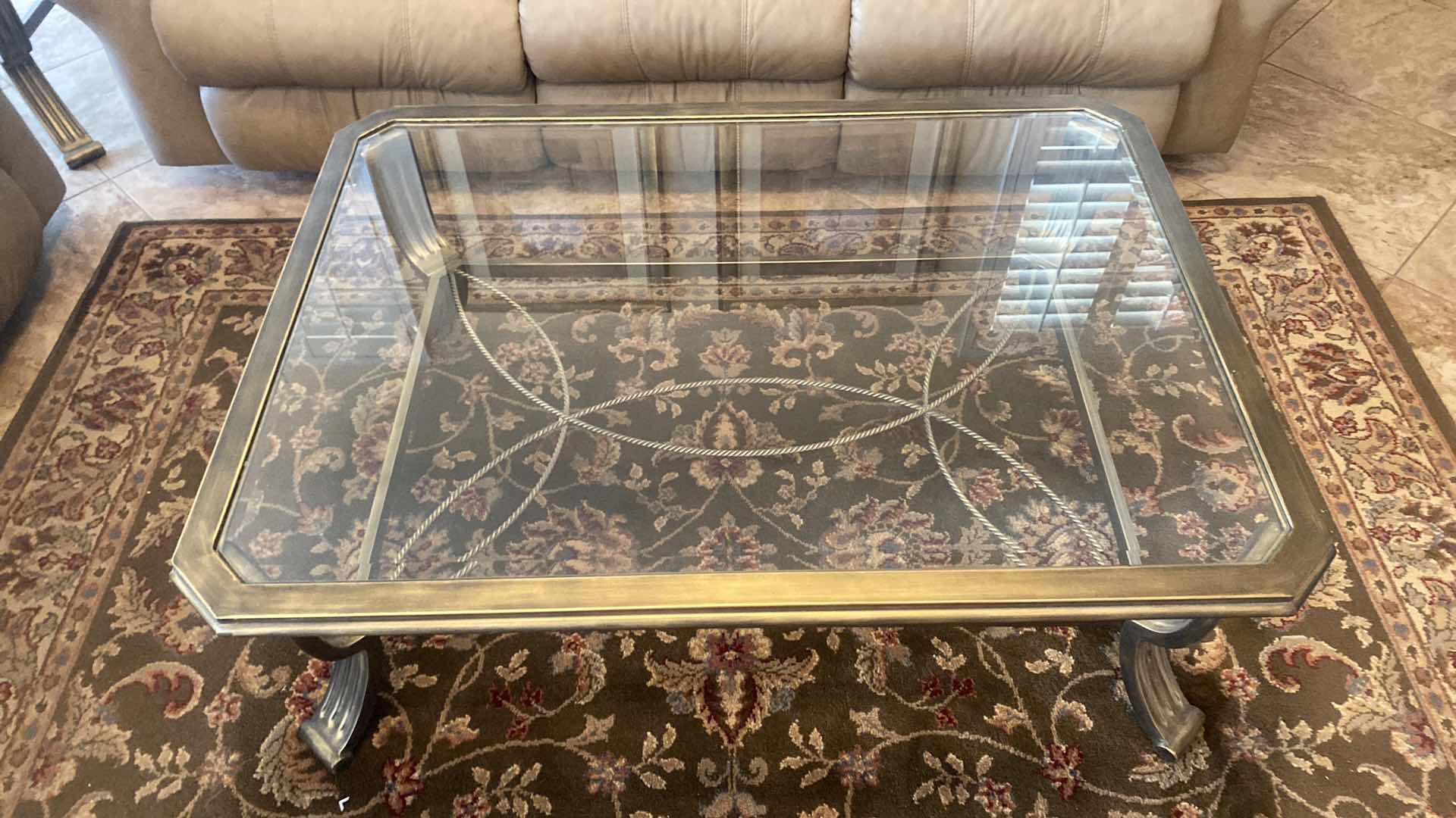 Photo 1 of HEAVY METAL COCKTAIL TABLE WITH BEVELED GLASS TOP 47” x 34” H17” (Sofa“table, and end table also available to be sold separately)