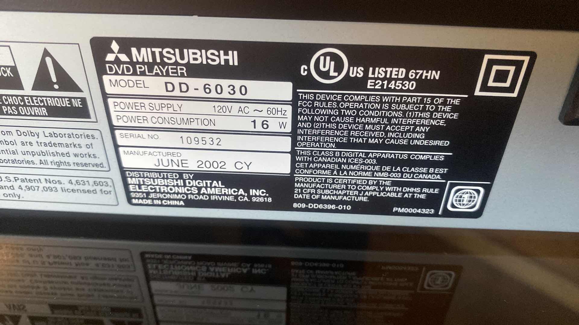 Photo 1 of MITSUBISHI DVD PLAYER WITH REMOTE