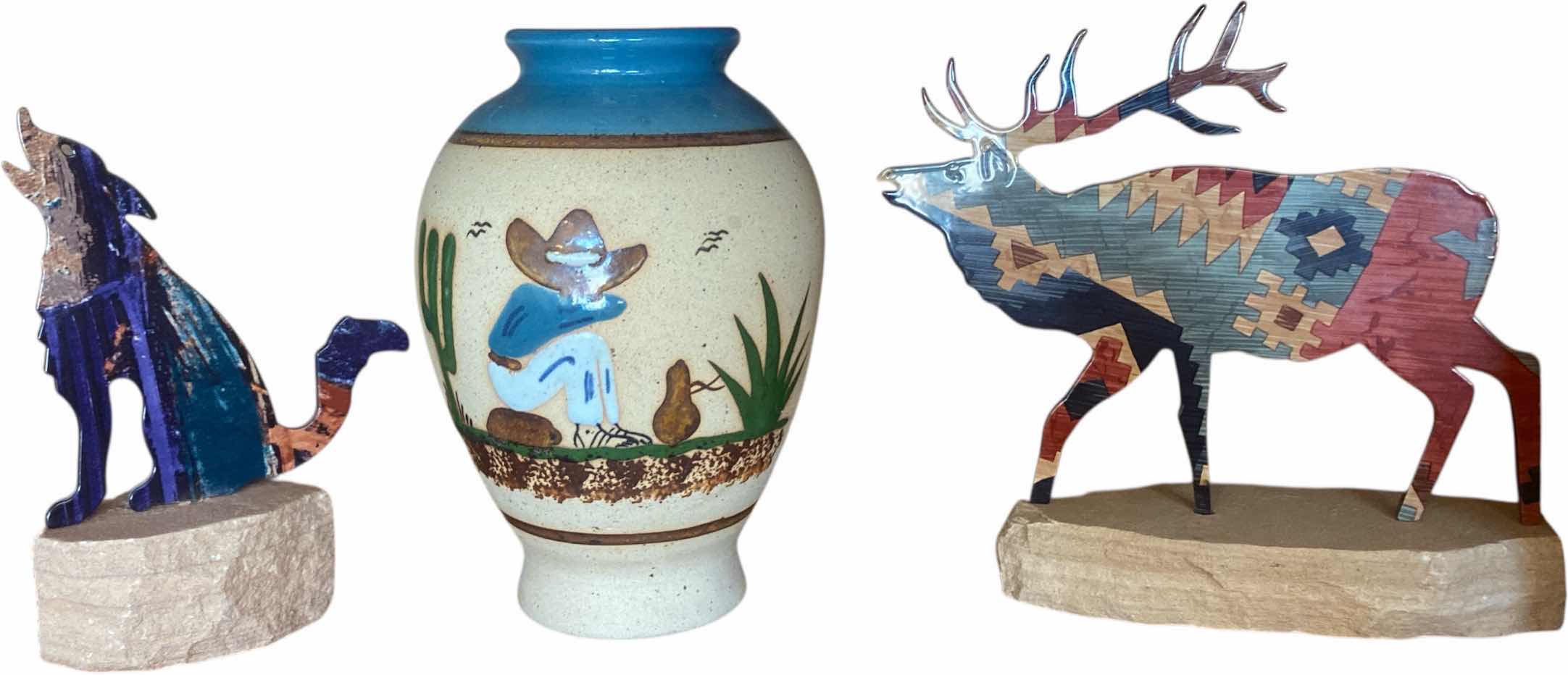 Photo 1 of 3-SANDSTONE POTTERY AND METAL ANIMALS LARGEST 8” x 8”