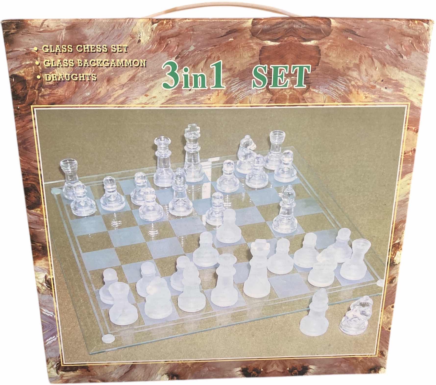 Photo 1 of GLASS 3 in 1 SET CHESS, BACKGAMMON & DRAUGHTS EST VALUE $50