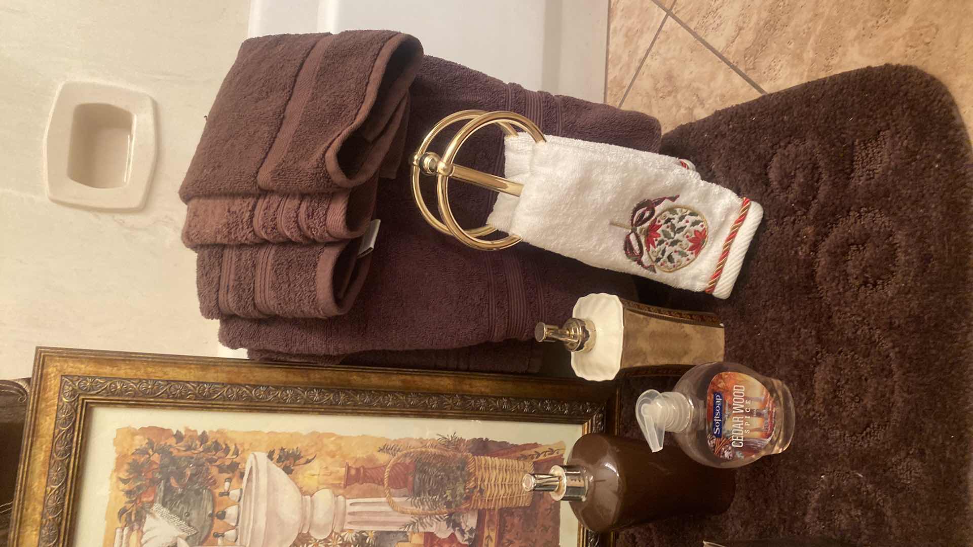 Photo 1 of 11- BATH DECOR & CLEANING- SHOWER CURTAIN & ROD TOWELS FLORAL BATH ARTWORK 11 1/2” x 24”