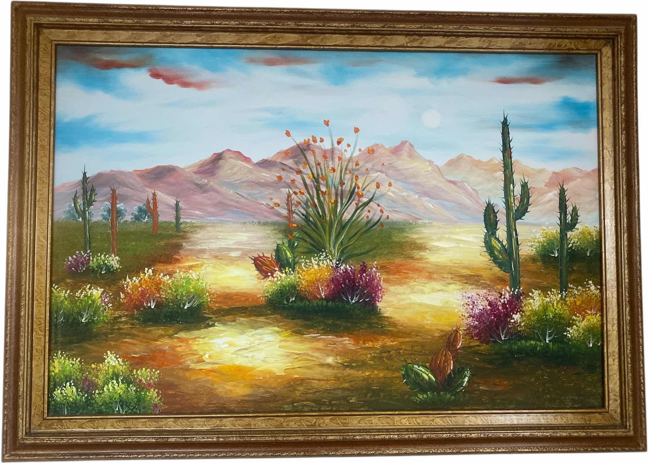 Photo 1 of ORNATE WOOD FRAMED EMBELLISHED DESERTSCAPE OIL ON CANVAS PRINT ARTWORK 41” x 29”