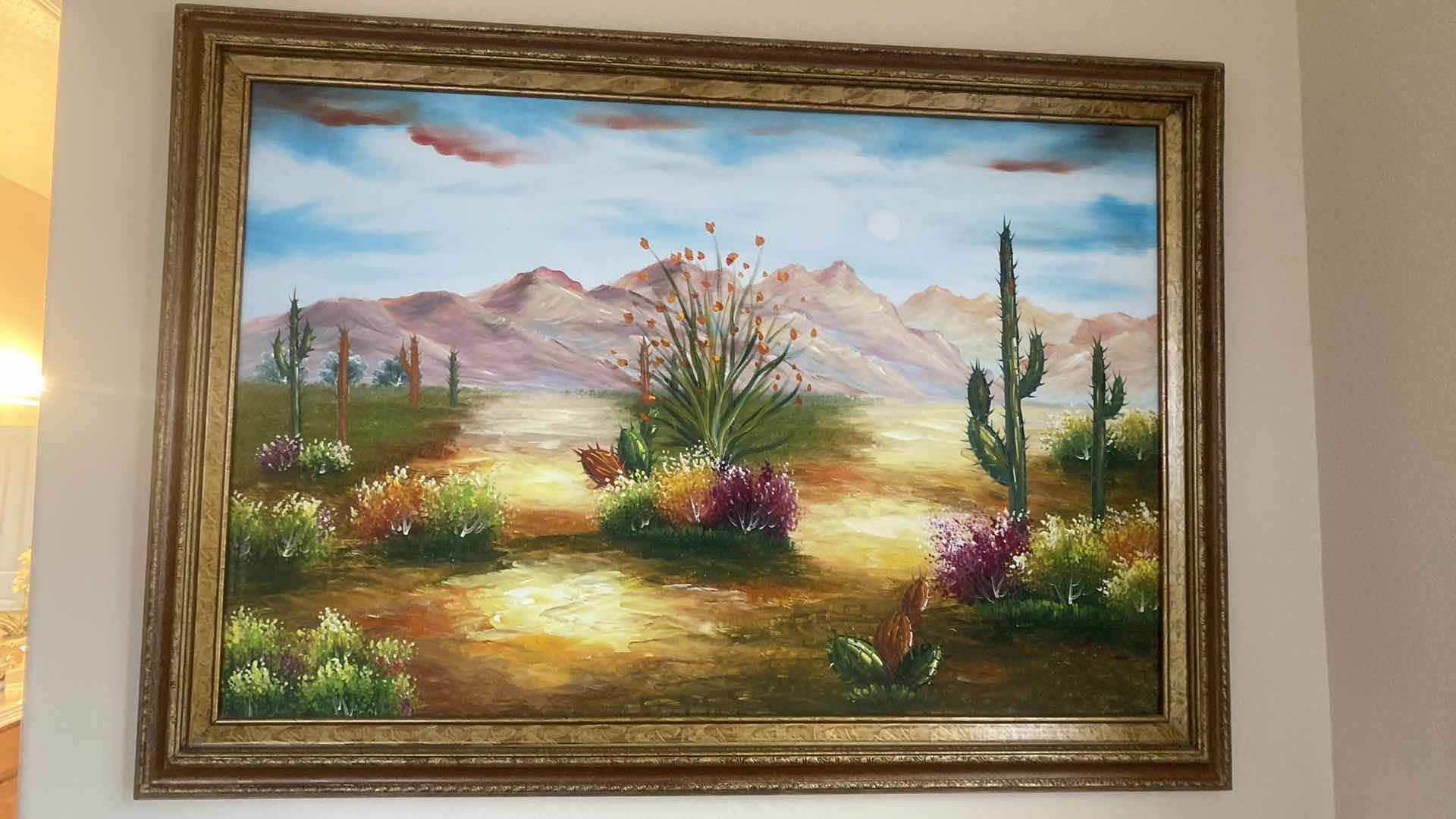 Photo 1 of ORNATE WOOD FRAMED EMBELLISHED DESERTSCAPE OIL ON CANVAS PRINT ARTWORK 41” x 29”