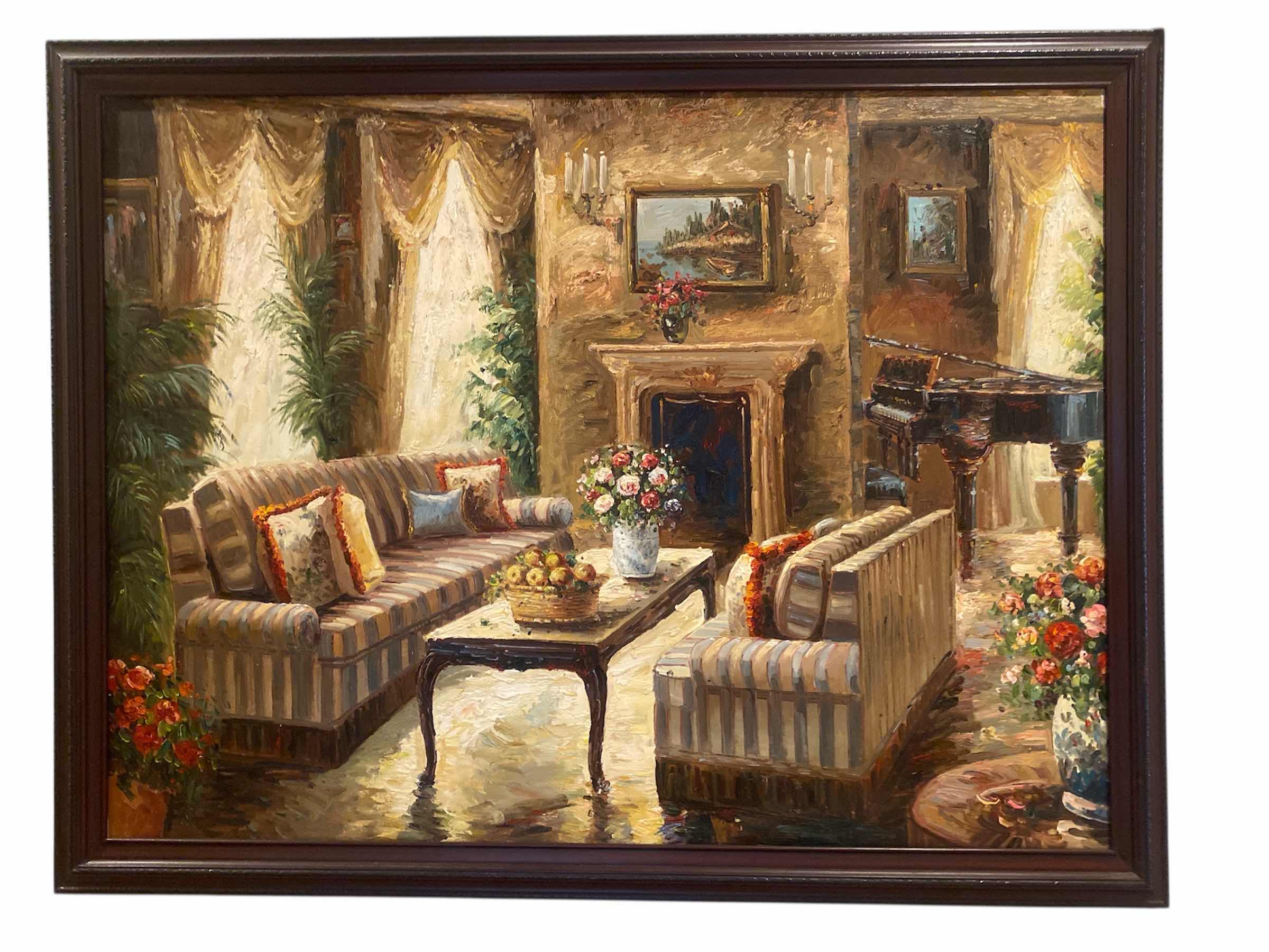 Photo 1 of ORNATE WOOD FRAMED EMBELLISHED COZY SITTING ROOM OIL ON CANVAS PRINT ARTWORK 53“ x 40“