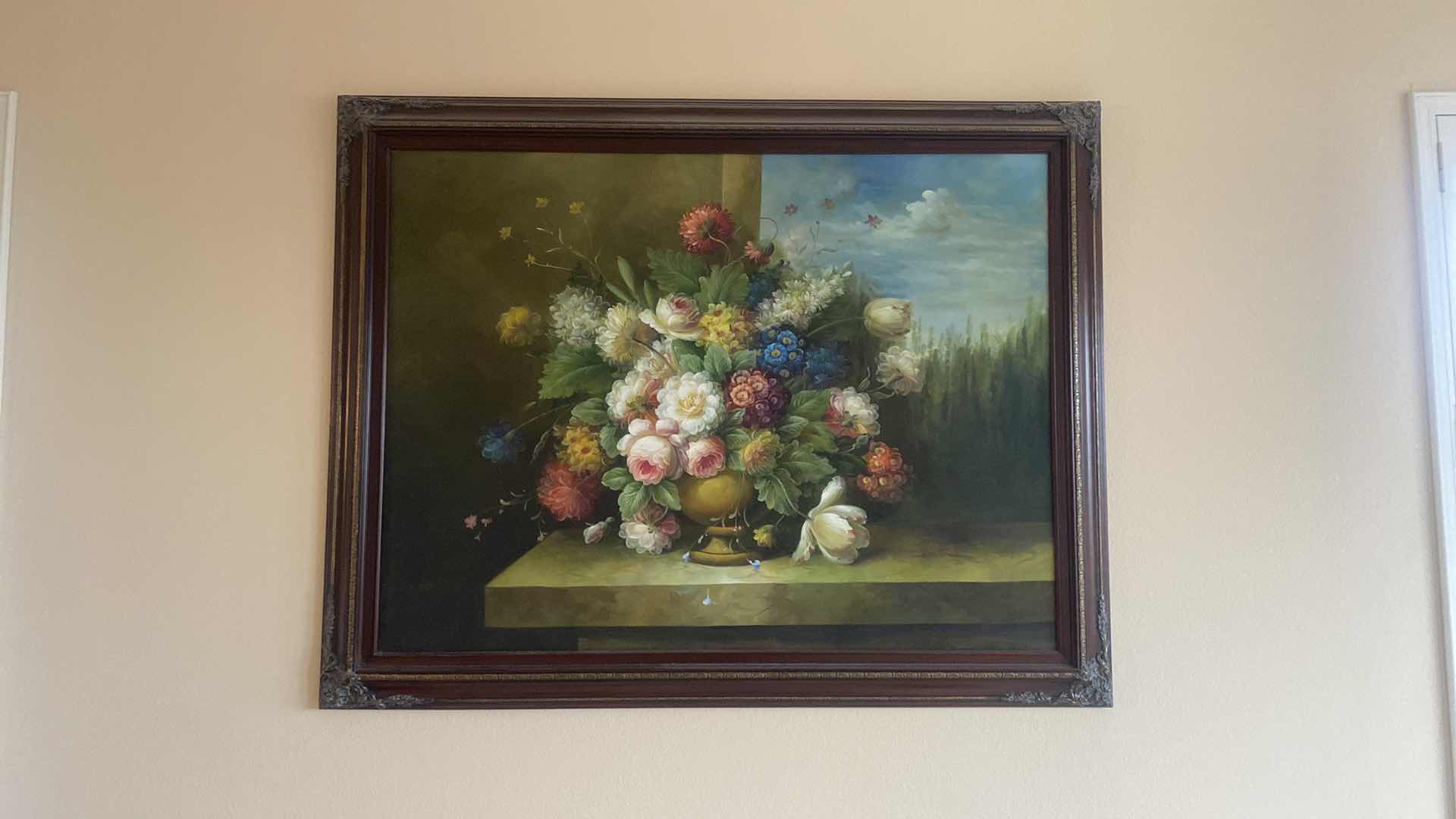 Photo 1 of ORNATE WOOD FRAMED FLORAL OIL ON CANVAS PRINT ARTWORK 56” x 43”